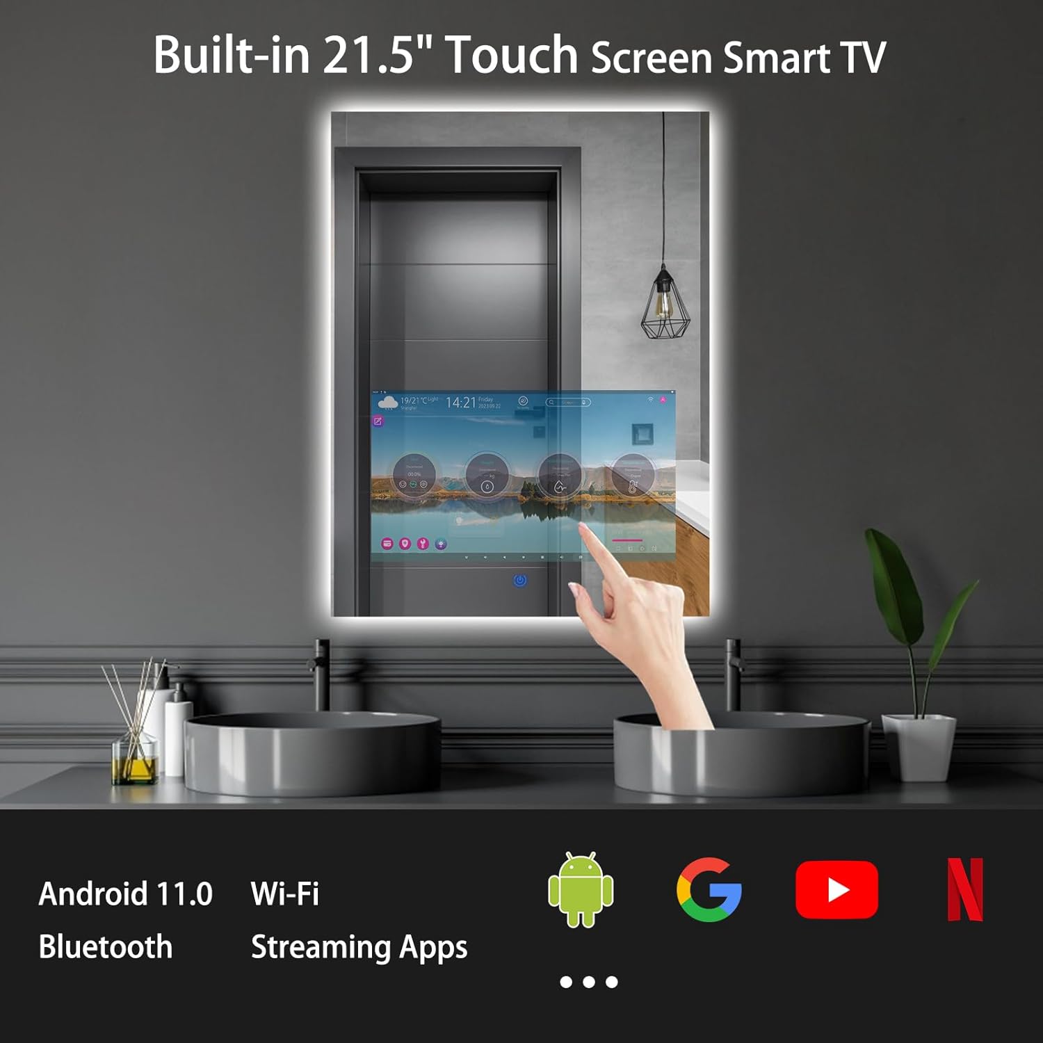 Bathroom Vanity Mirror with 21.5" Full Touch Screen Smart Android 11 TV, 24X32 Inch LED Smart Mirror, Streaming Media Player/Music/Bluetooth Wi-Fi /3 Colors Lights Vertical Wall Mounted