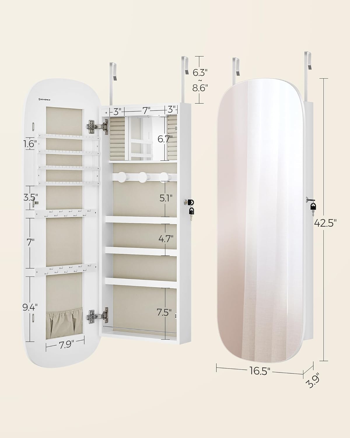 LED Jewelry Organizer Cabinet, Lockable Mirror with Storage, Wall or Door Mounted, Elegant White Finish - Perfect for Jewelry Lovers