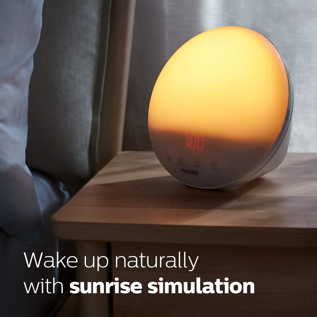 Philips Smart Sunrise Alarm Clock with Natural Wake-Up Light, Simulated Sunrise and Sunset, Gentle Alarm, and Personalized Sounds for Peaceful Mornings