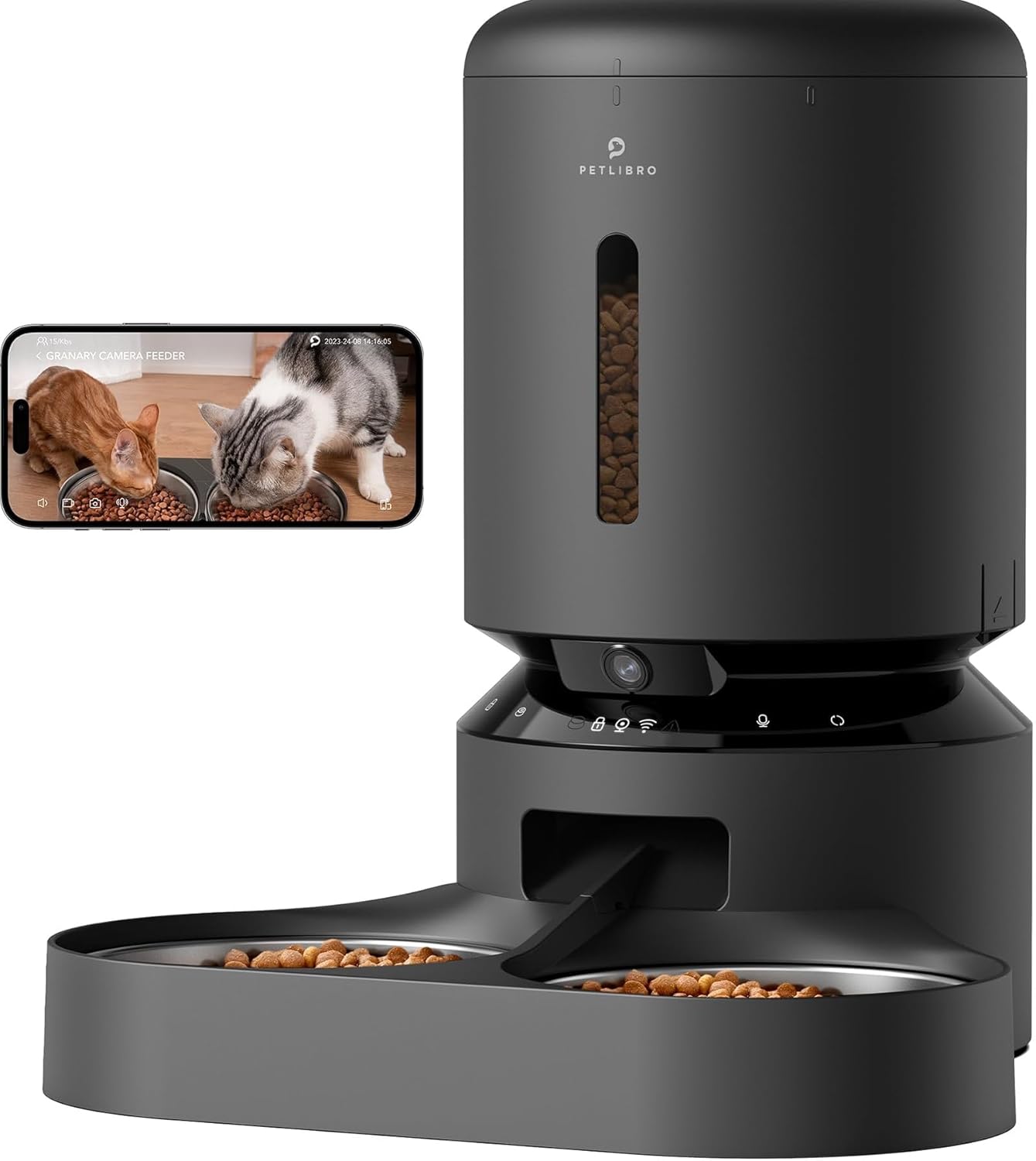 Automatic Cat Feeder with Camera for Two Cats, 1080P HD Video with Night Vision, 5G Wifi Pet Feeder with 2-Way Audio for Cat & Dog, Low Food & Motion & Sound Alerts, Dual Tray, Black 5L