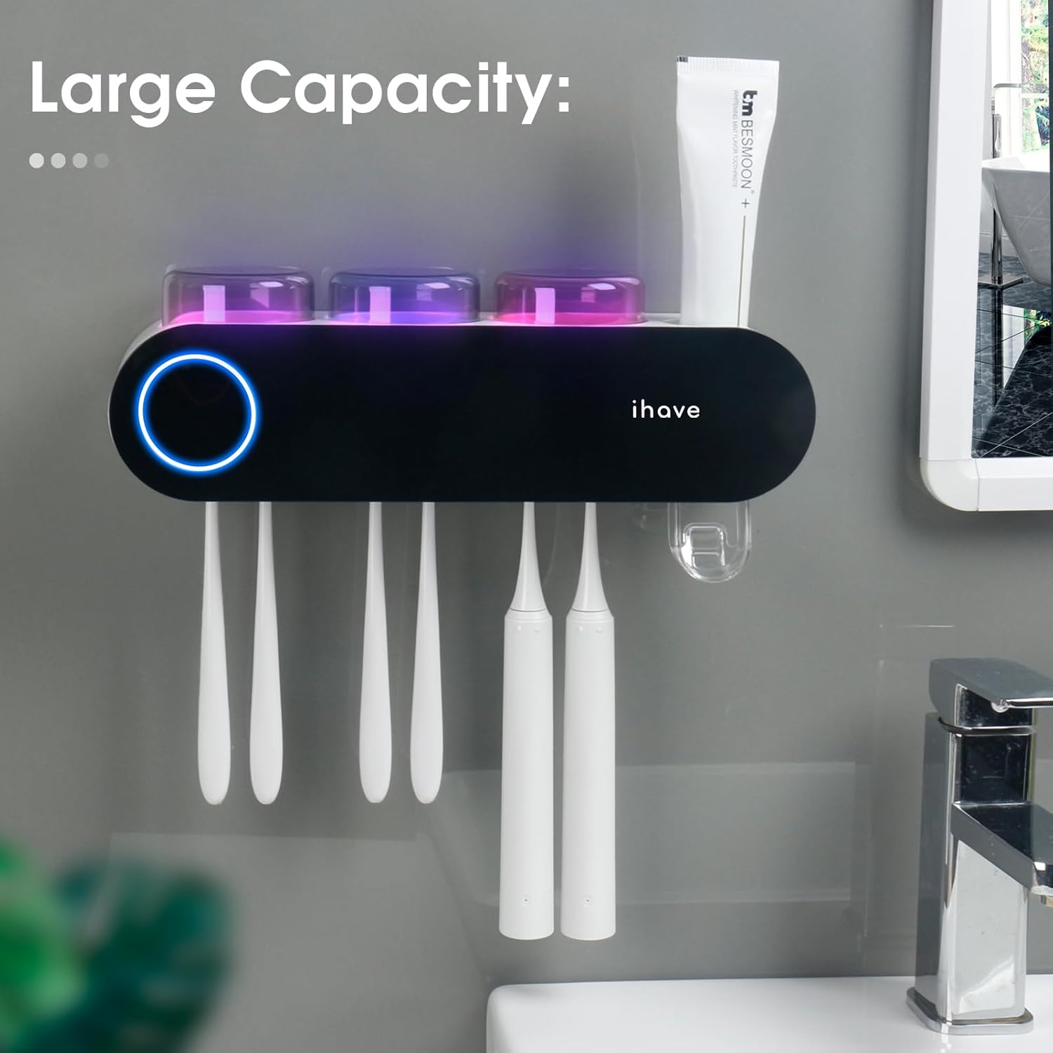 Toothbrush Holders for Bathrooms, UV Toothbrush Sanitizer and Holder Smart Home Bathroom Accessories, 3 Cups Electric Toothbrush Holder Wall Mounted with Toothpaste Dispenser Bathroom Decor