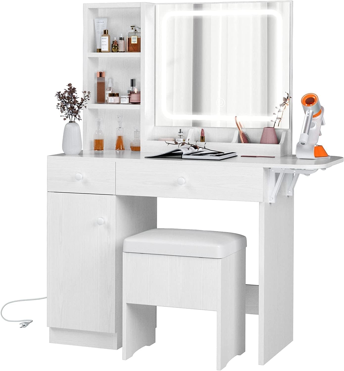 Luxury IRONCK Vanity Desk with LED Lighted Mirror, Power Outlet, Storage Stool, & Spacious Drawers - Perfect Makeup Table for Bedroom