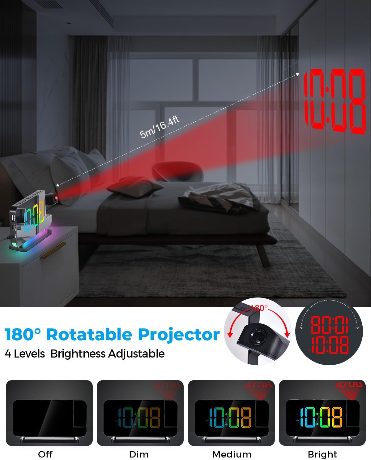  SZELAM Projection Alarm Clock – 180° Rotatable Projector, RGB Night Light, USB-C Charger, Auto-Dim LED Mirror Clock with Large 7.4" Display for Bedroom – Sleek Black