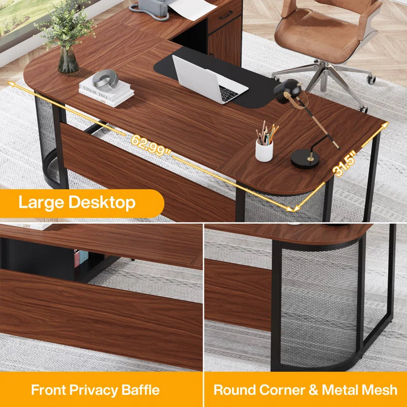 63" Executive Office Desk with 31" File Cabinet | Modern Industrial Design for a Sleek, Productive Workspace