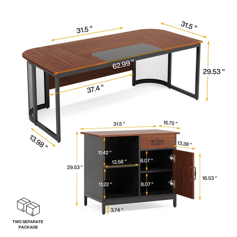 63" Executive Office Desk with 31" File Cabinet | Modern Industrial Design for a Sleek, Productive Workspace