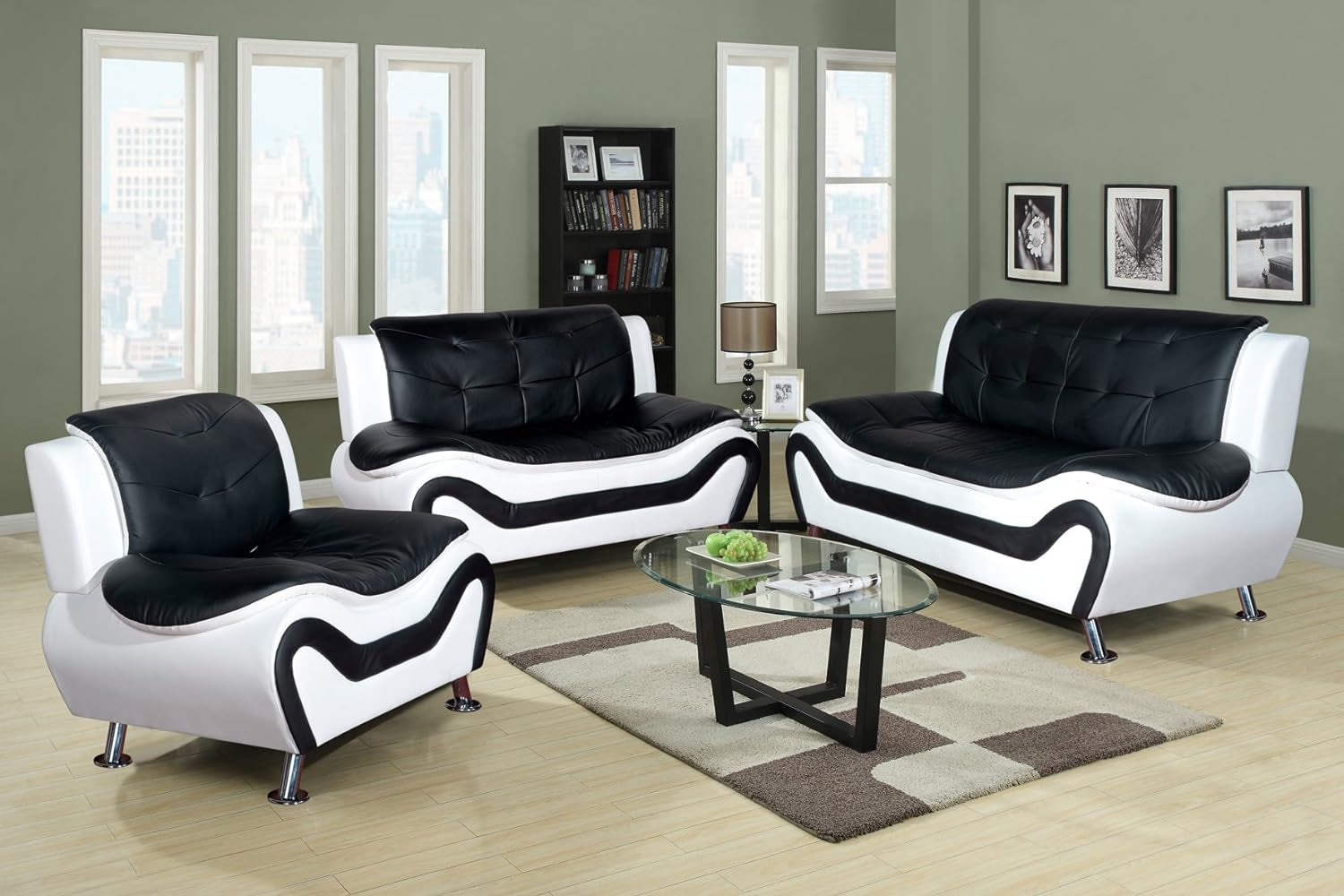 3 Piece Aldo Modern Sofa Set, Black/White