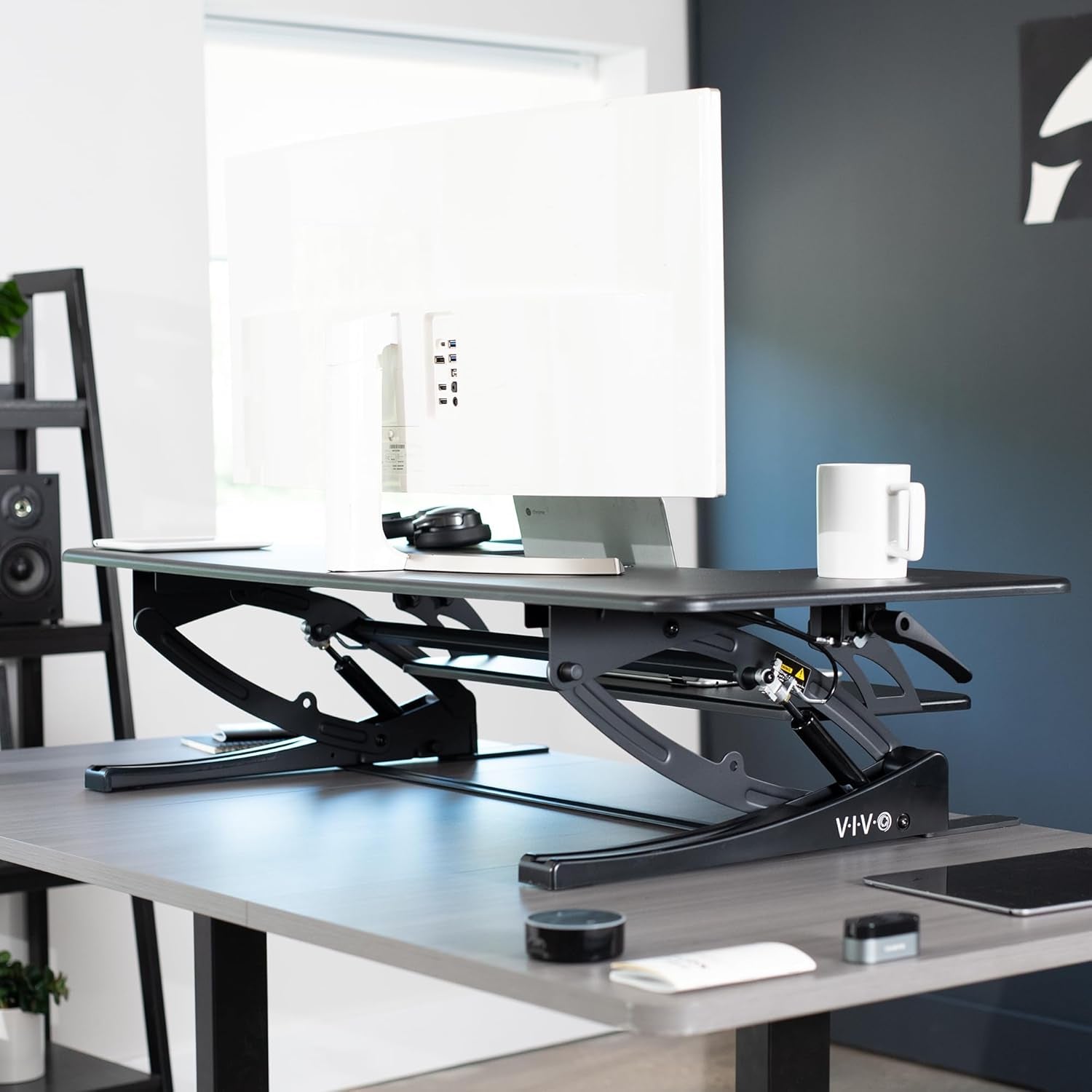 48 Inch Height Adjustable Large Stand up Desk Converter, V Series, Quick Sit to Stand Tabletop Dual Monitor Riser Workstation, Black, DESK-V048V