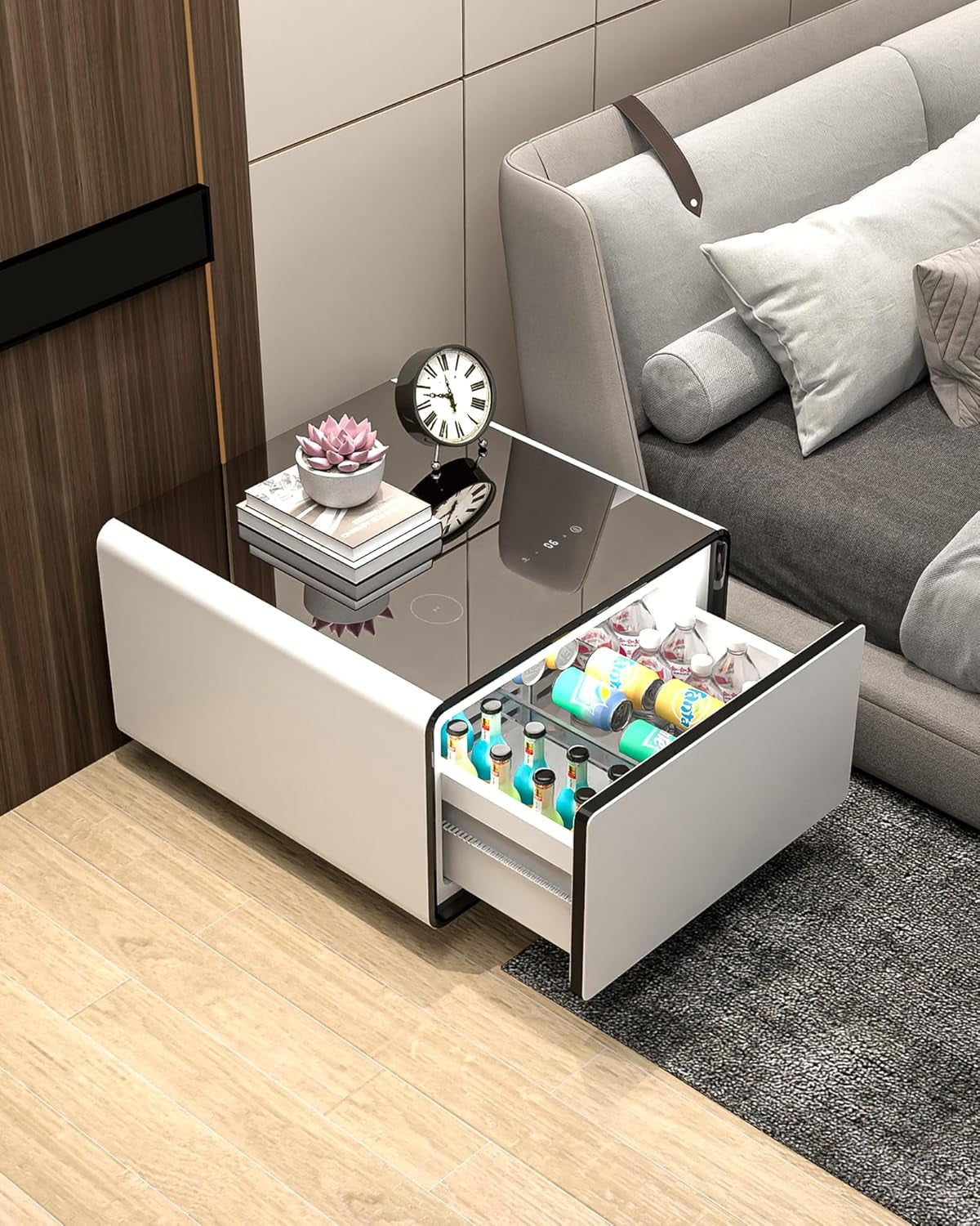 Smart Side Table, Nightstand with Built in Fridge, 27.8" D X 26.5" W X 18.1" H, Mini Coffee Table with 15W Wireless Charging, Modern End Table with USB Chargers and Outlets (White)