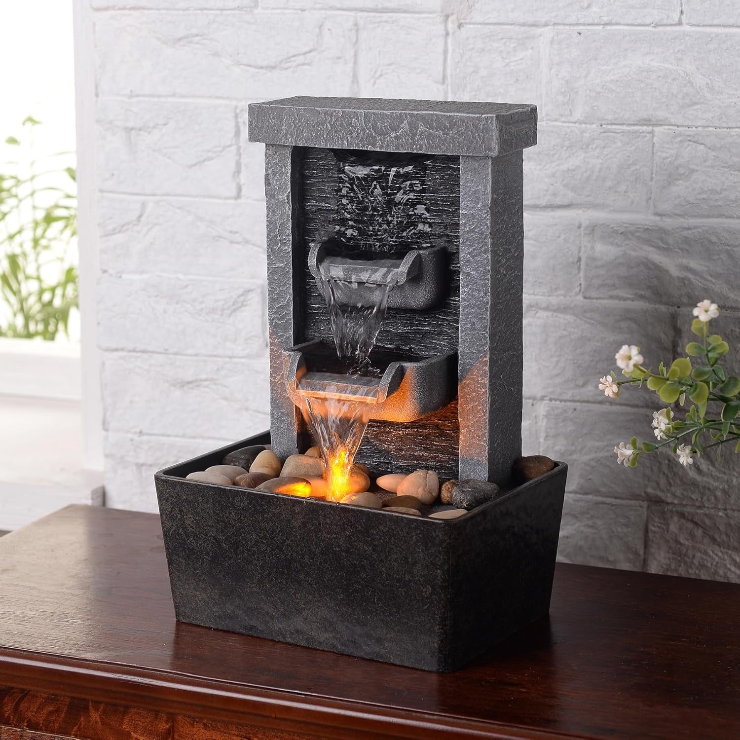 Home Décor 10.3 in Indoor Waterfall Fountain Relaxation High Pressure Water Pumps Tabletop Fountain Nature Feeling Water Fountains with Reflective Lighting/River Rocks Home/Office Decoration