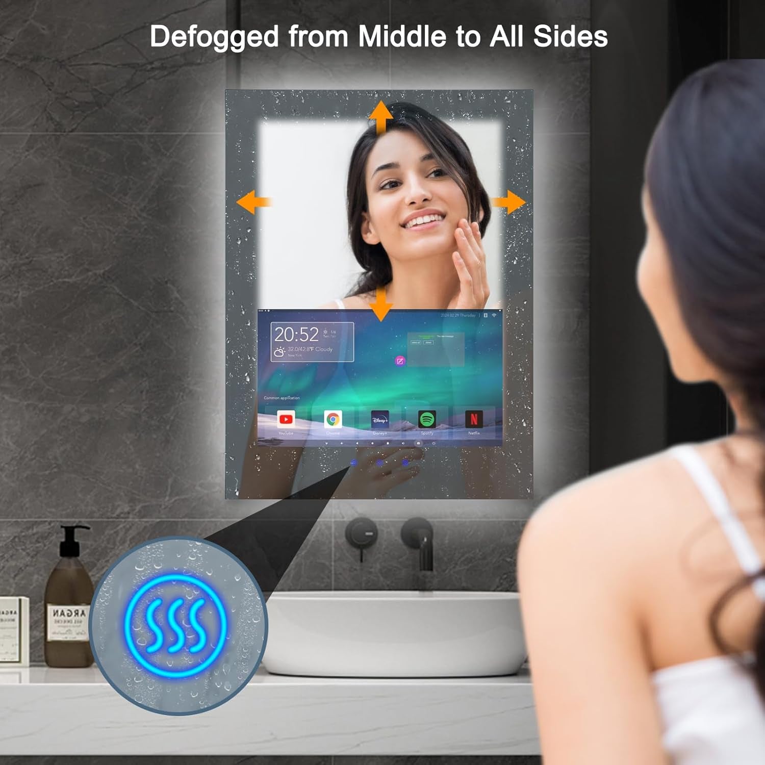 24X32 Inch Bathroom Vanity Mirror with 21.5” Touchscreen Smart TV, Streaming Apps, Weather,Clock, 3-Color Dimmable LED Light, Anti-Fog,Wi-Fi, Bluetooth,Hdmi,Vertical Wall Mount(2025 Upgraded)