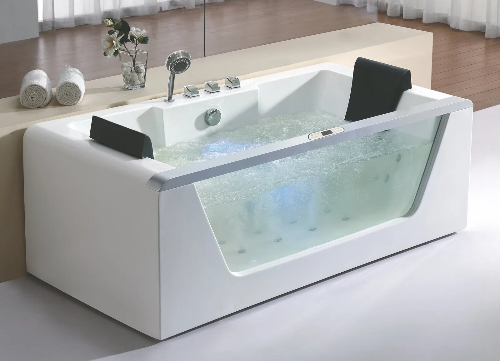 Rectangular Freestanding Whirlpool Bathtub | Luxury Hydrotherapy Tub with 14 Jets, Chromotherapy Lighting & Sleek Modern Design  70.9'' X 35.4''