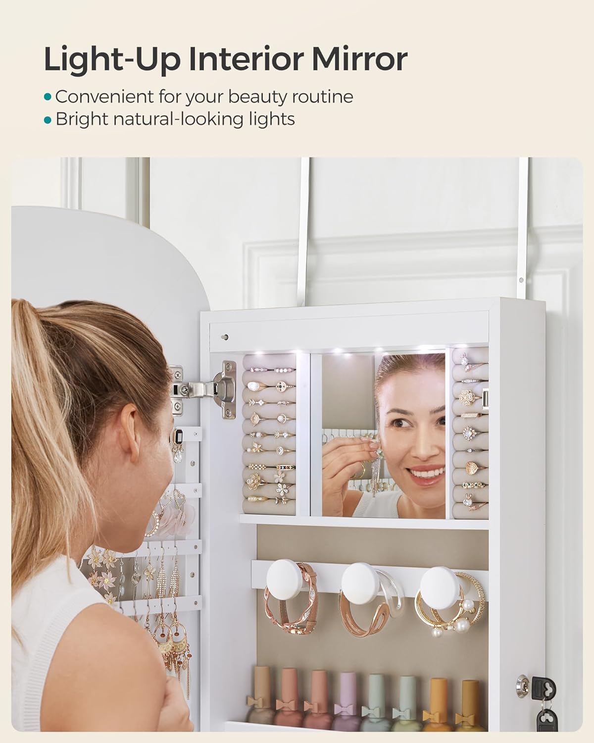 LED Jewelry Organizer Cabinet, Lockable Mirror with Storage, Wall or Door Mounted, Elegant White Finish - Perfect for Jewelry Lovers