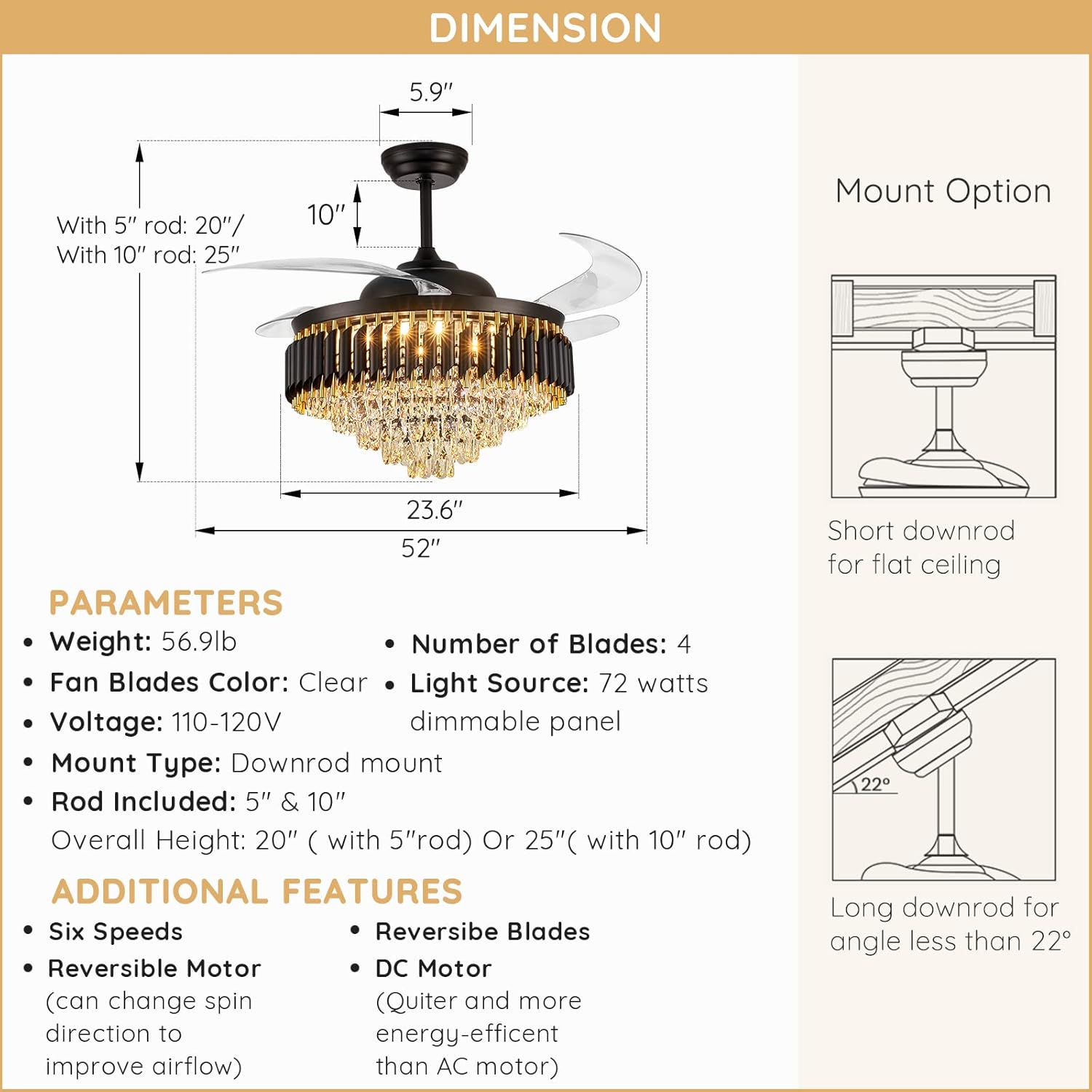 Moooni 52" Luxury Crystal Ceiling Fan with Light | Dimmable LED, 6-Speed Remote Control, Modern Bladeless Design | Elegant Chandelier Fan for Living Room, Dining Room, Foyer & Hotel