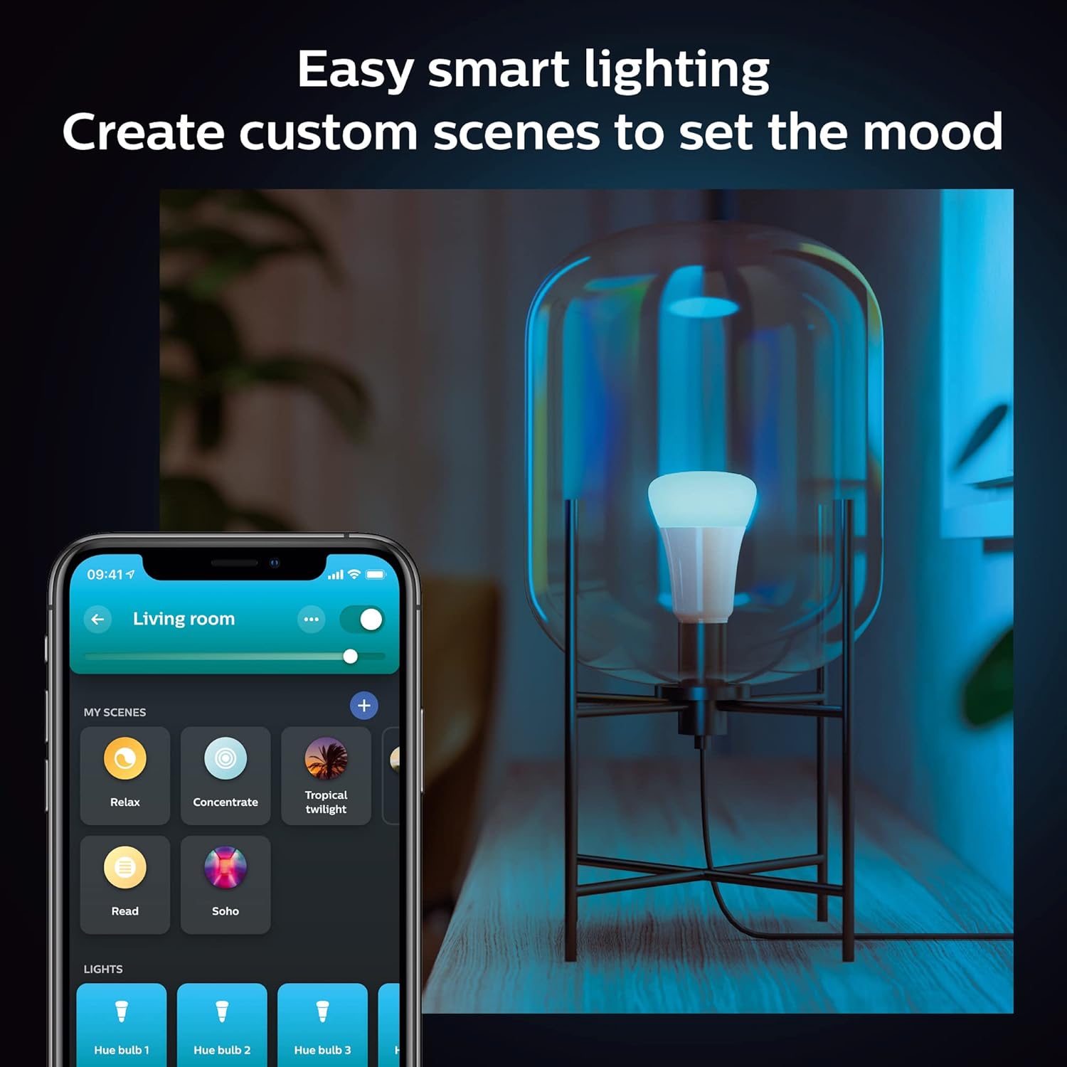 Smart 60W A19 LED Bulb - White and Color Ambiance Color-Changing Light - 4 Pack - 800LM - E26 - Indoor - Control with Hue App - Works with Alexa, Google Assistant and Apple Homekit