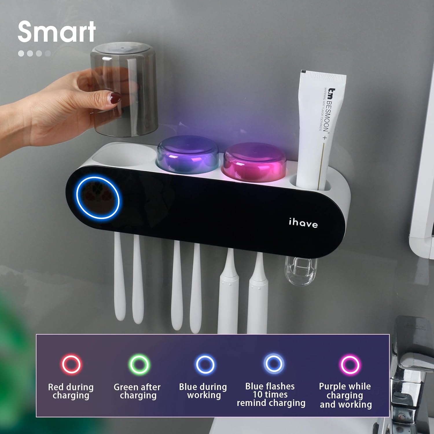 Toothbrush Holders for Bathrooms, UV Toothbrush Sanitizer and Holder Smart Home Bathroom Accessories, 3 Cups Electric Toothbrush Holder Wall Mounted with Toothpaste Dispenser Bathroom Decor