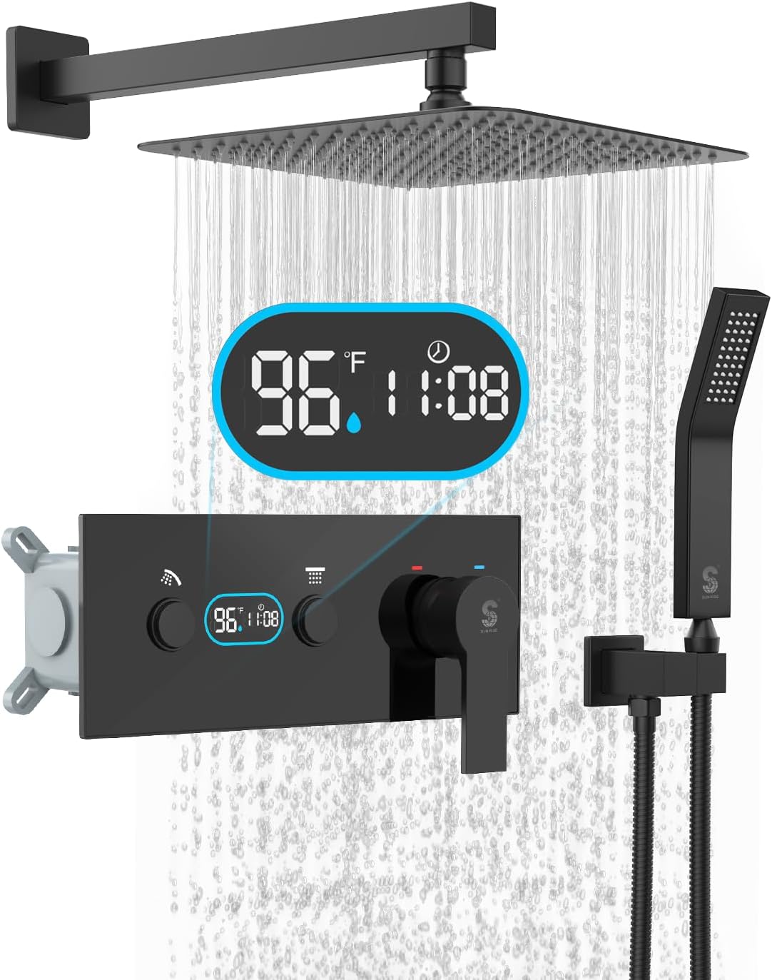 LED Digital Display Shower System - SR SUNRISE 12 Inch High Pressure Shower Head and Handheld, Thermostatic Valve, Luxury Rainfall Shower Faucet Perfect for Bathroom Remodel, Matte Black