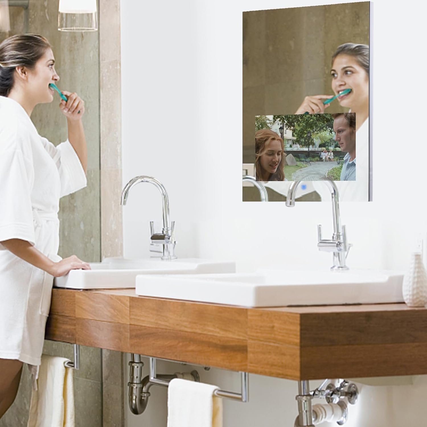 Bathroom Vanity Mirror with 21.5" Full Touch Screen Smart Android 11 TV, 24X32 Inch LED Smart Mirror, Streaming Media Player/Music/Bluetooth Wi-Fi /3 Colors Lights Vertical Wall Mounted