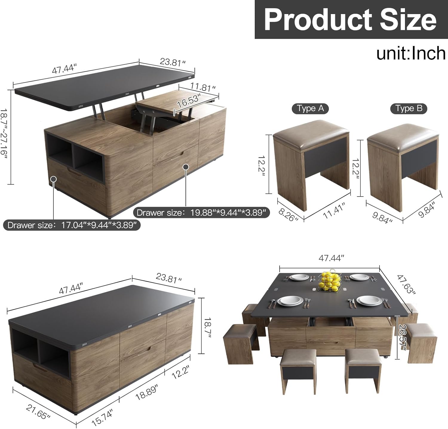 Multifunctional Lift-Top Coffee Table with 4 Stools, 3-In-1 Center Table, Space Saving Folding Dining Table for Living Room, Small Space, Easy Assembly