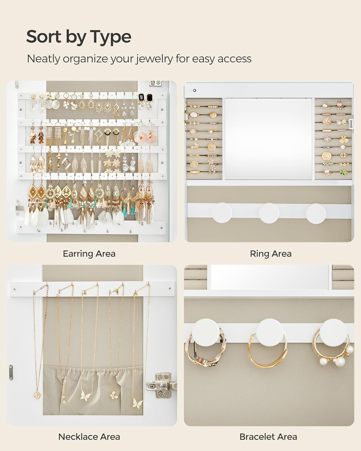 LED Jewelry Organizer Cabinet, Lockable Mirror with Storage, Wall or Door Mounted, Elegant White Finish - Perfect for Jewelry Lovers