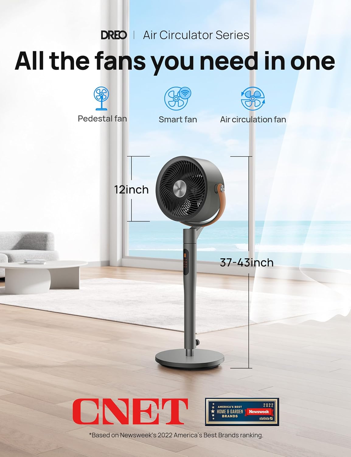 Fan for Bedroom, Standing Fan for Home, 120°+105° Smart Oscillating Pedestal Fans with Wi-Fi/Voice Control, 100Ft Quiet Circulator Fan, DC Motor, 6 Modes, 8 Speeds, 37-43'' Adjustable Height