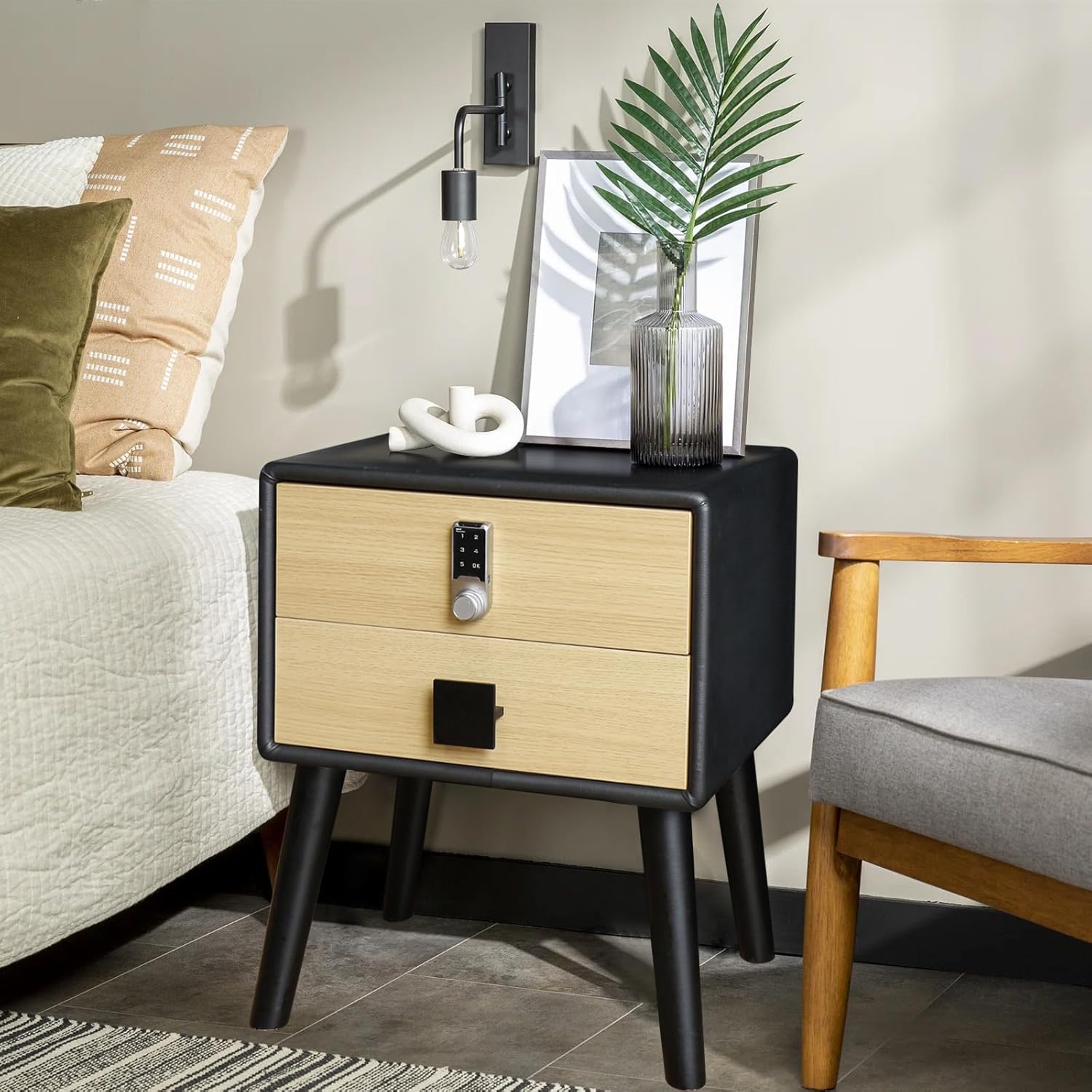 Smart Nightstand with Steel Safe, Modern Bedside Table with Keypad Lock, 22" H×18" D×12" W, Black Night Stand with Locking Drawer, PU Leather Nightstand with Solid Wooden Legs