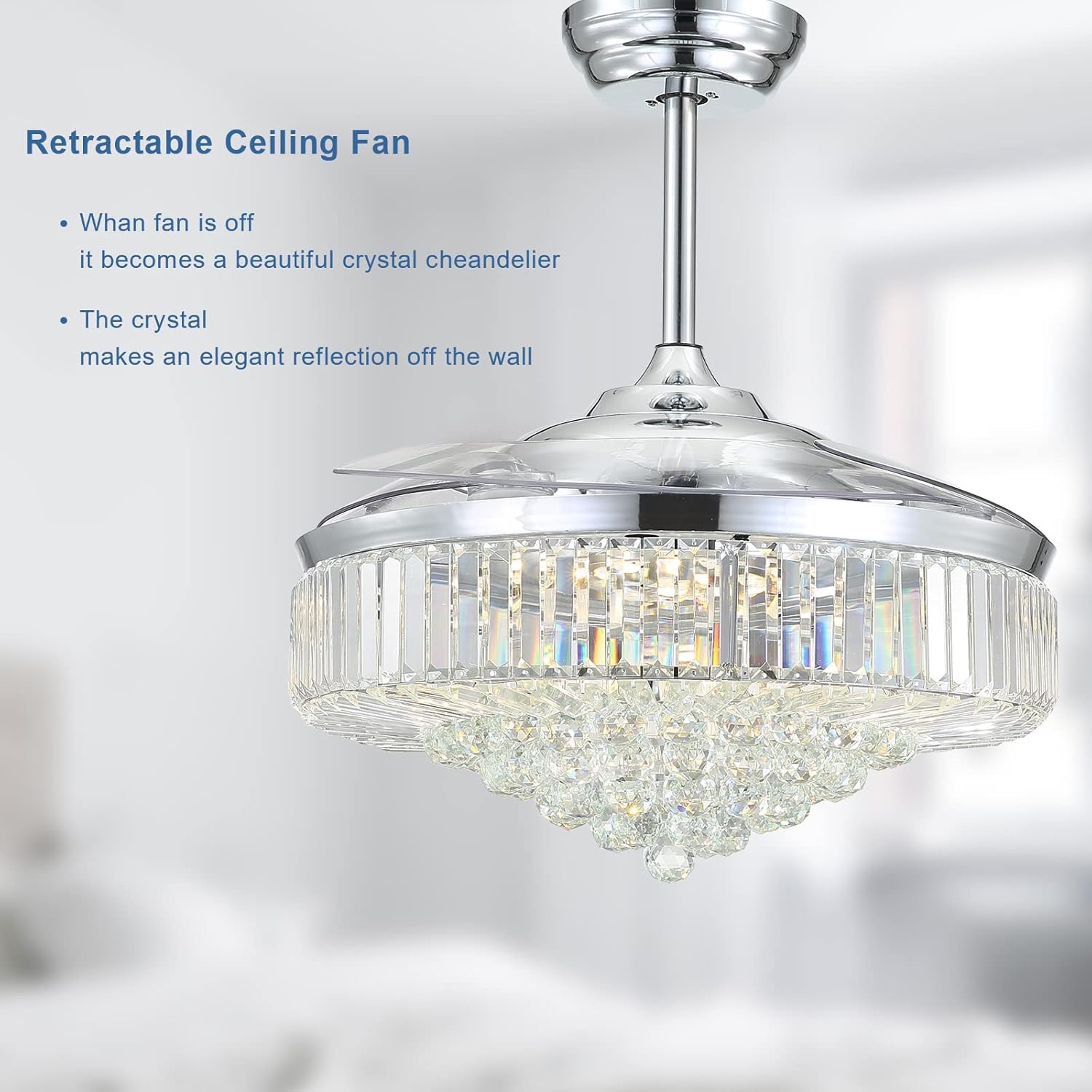 52 Inches Moooni Fandelier Retractable Invisible Ceiling Fan Chandelier | Luxury Crystal LED Light with Remote Control | Elegant & Space-Saving Lighting Solution