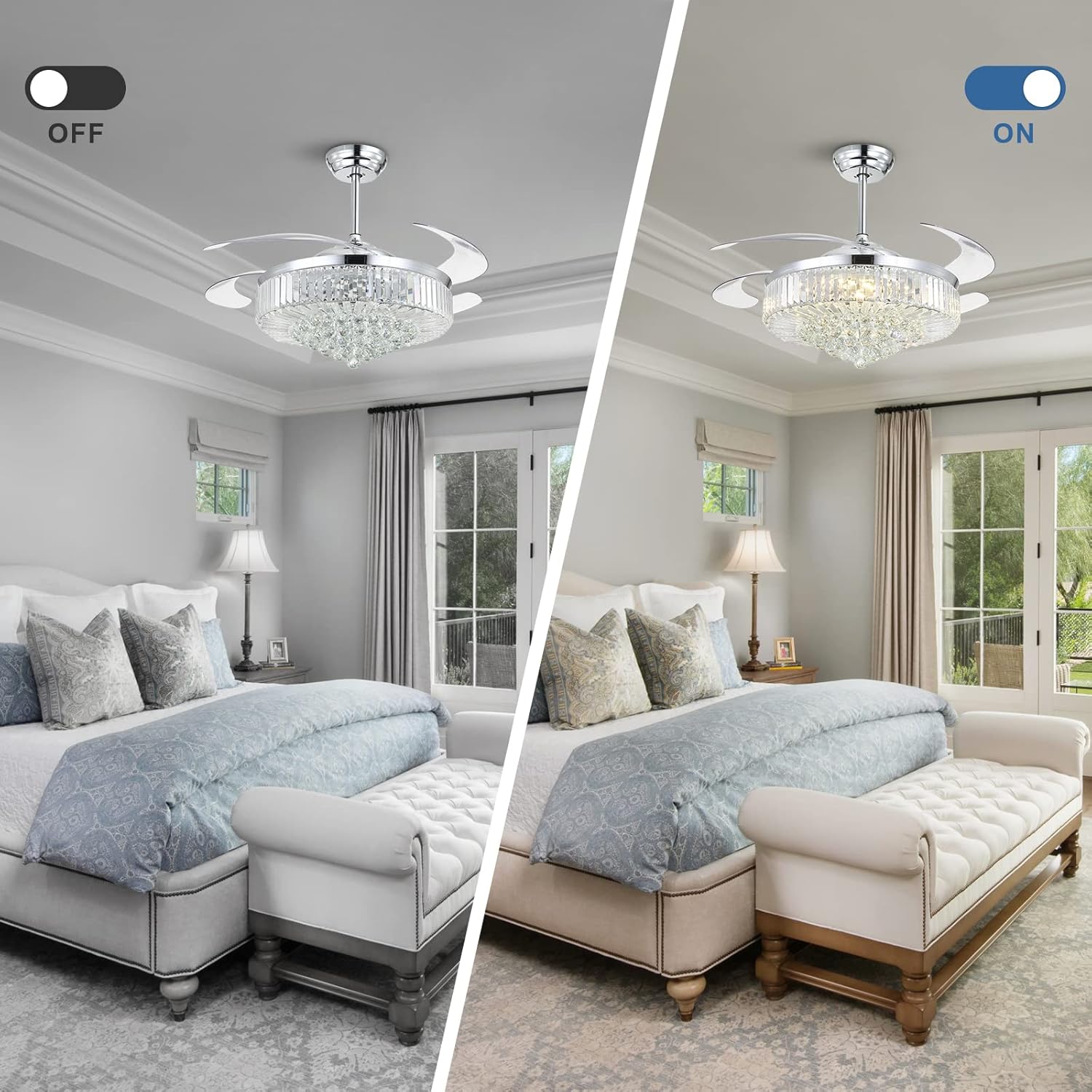 52 Inches Moooni Fandelier Retractable Invisible Ceiling Fan Chandelier | Luxury Crystal LED Light with Remote Control | Elegant & Space-Saving Lighting Solution