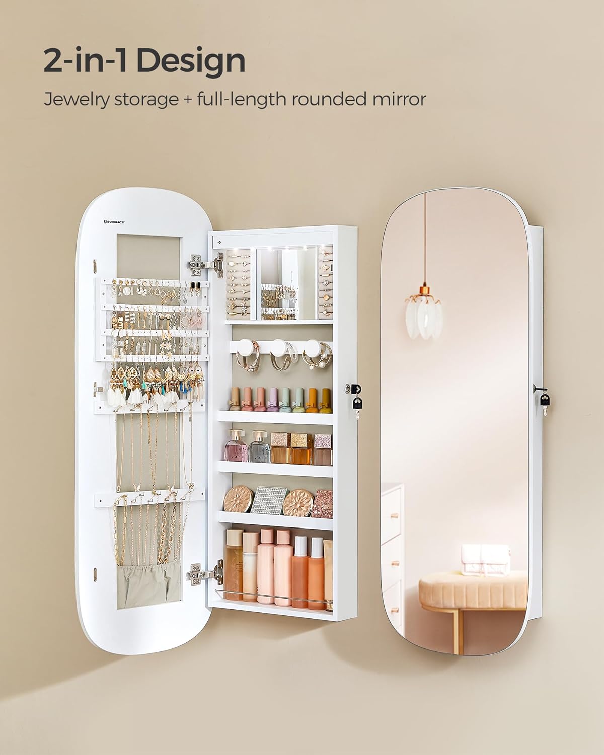 LED Jewelry Organizer Cabinet, Lockable Mirror with Storage, Wall or Door Mounted, Elegant White Finish - Perfect for Jewelry Lovers