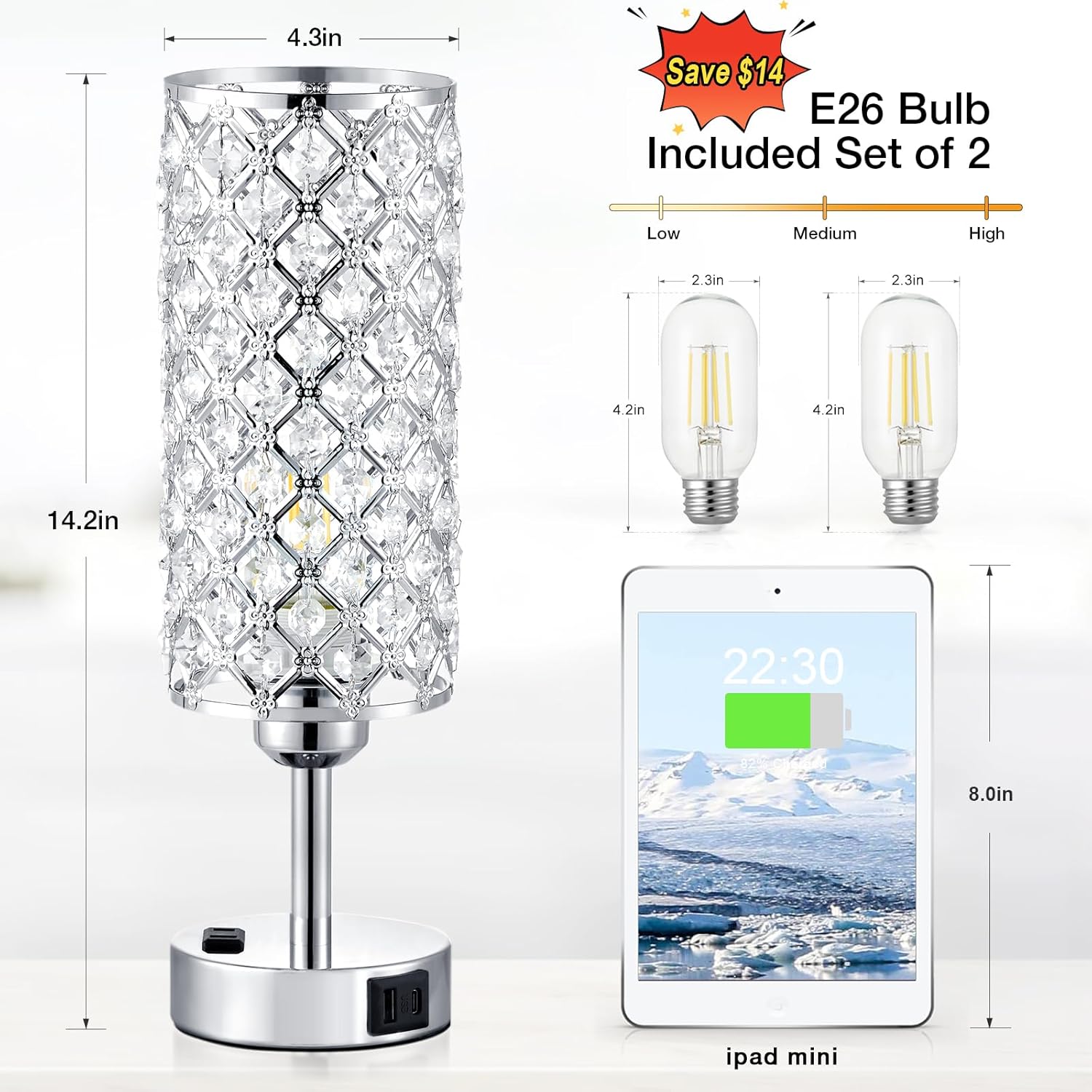 Crystal Lamp Touch Control Set of 2, Sliver Crystal Table Lamps with USB C+A Ports & AC Outlet, 3-Way Dimmable Nightstand Touch Lamp, Modern Bedside Table Lamp for Bedroom(Bulbs Included)