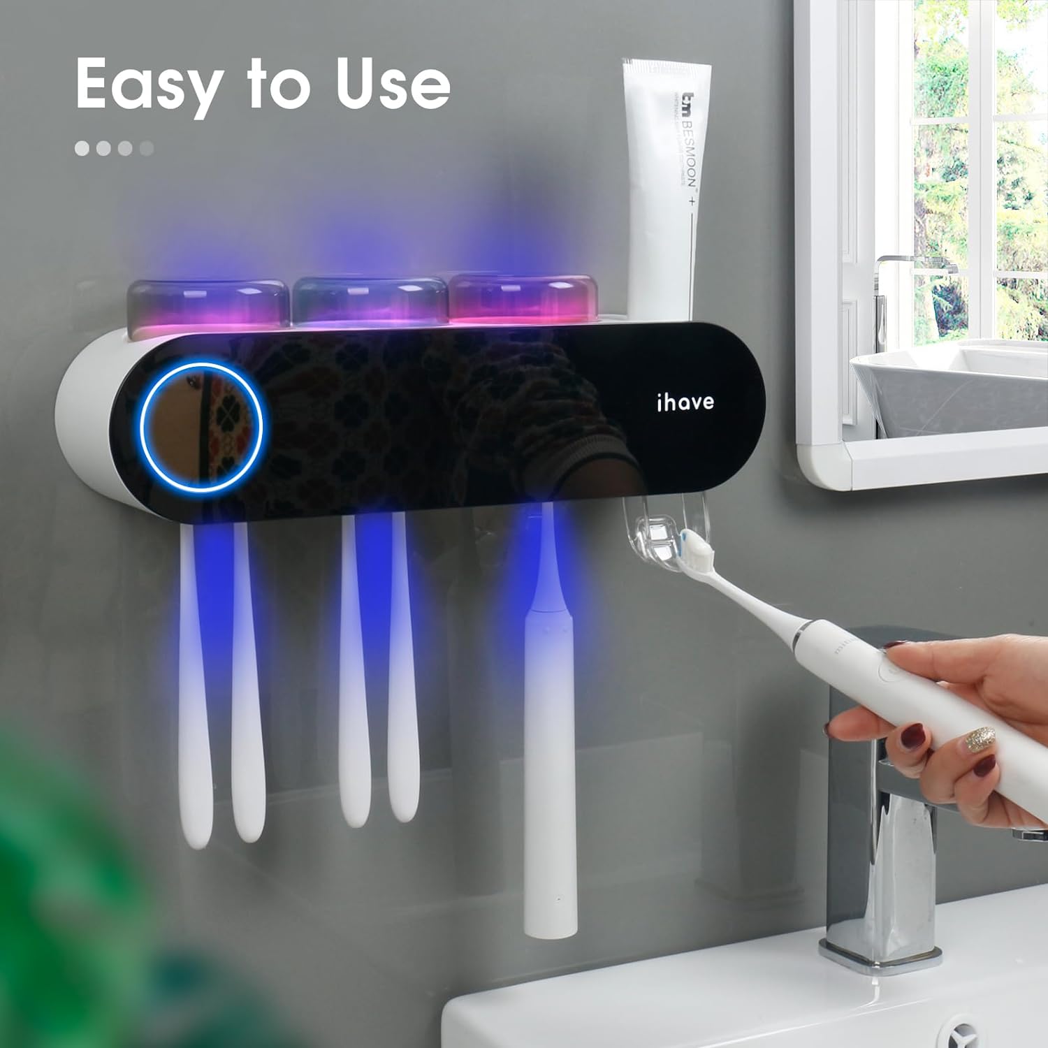 Toothbrush Holders for Bathrooms, UV Toothbrush Sanitizer and Holder Smart Home Bathroom Accessories, 3 Cups Electric Toothbrush Holder Wall Mounted with Toothpaste Dispenser Bathroom Decor