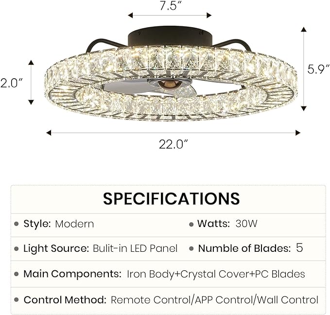 Flush Mount Ceiling Fan with Light, 22" Modern Crystal Chandelier Ceiling Fan with Smart 4-Light Color Change, Dimmable LED Ceiling Fan, 6 Wind Speeds, Low Profile Ceiling Fan for Bedroom