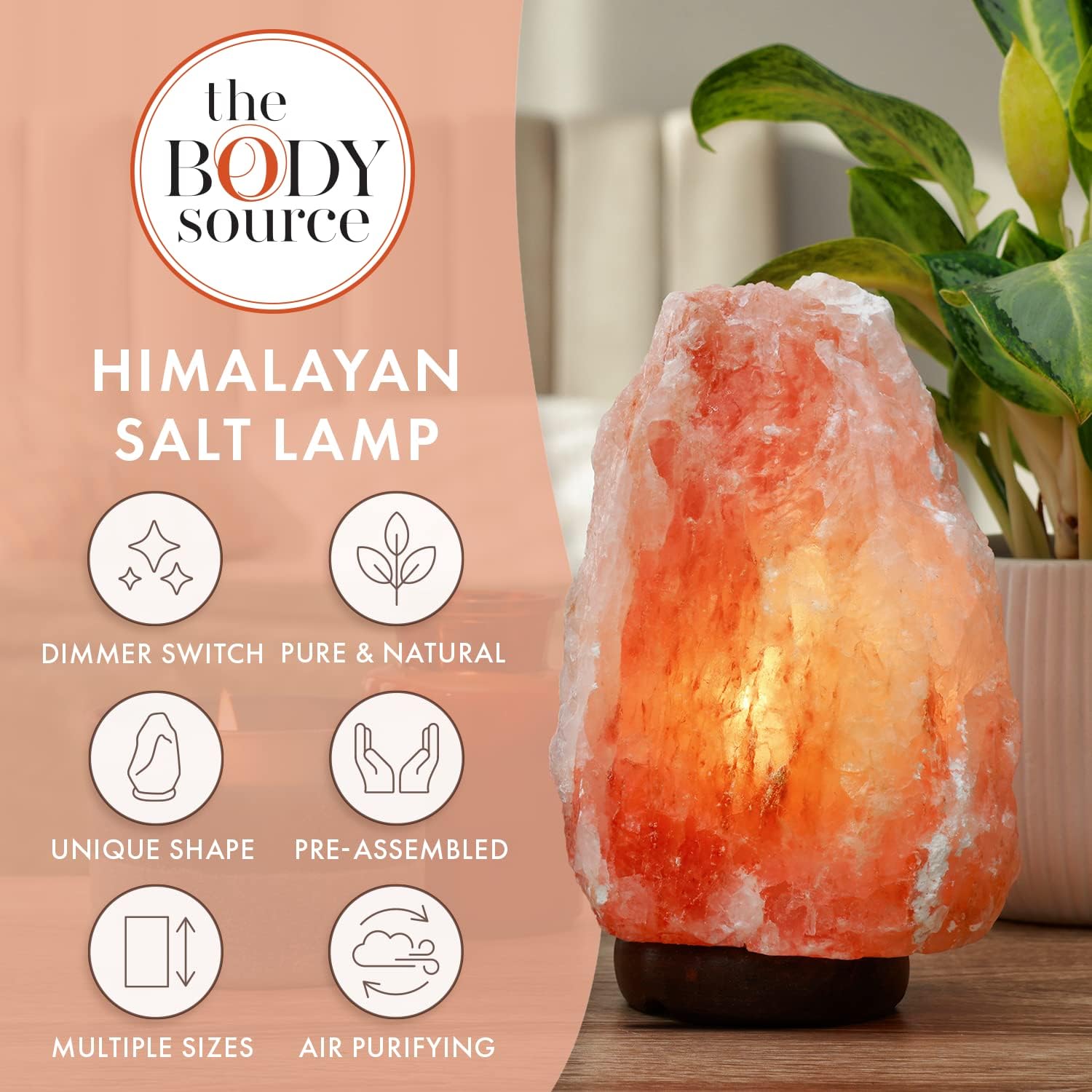 Himalayan Salt Lamp 10-12 Inches (11-15Lb) | Includes Dimmer Switch | Natural Salt Rock Lamp with Handcrafted Wooden Base & Night Light (Bulb Replacement)