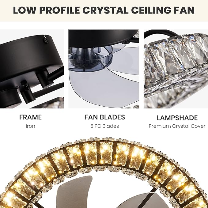 Flush Mount Ceiling Fan with Light, 22" Modern Crystal Chandelier Ceiling Fan with Smart 4-Light Color Change, Dimmable LED Ceiling Fan, 6 Wind Speeds, Low Profile Ceiling Fan for Bedroom