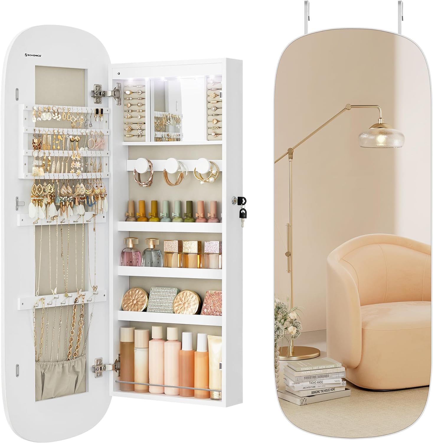 LED Jewelry Organizer Cabinet, Lockable Mirror with Storage, Wall or Door Mounted, Elegant White Finish - Perfect for Jewelry Lovers