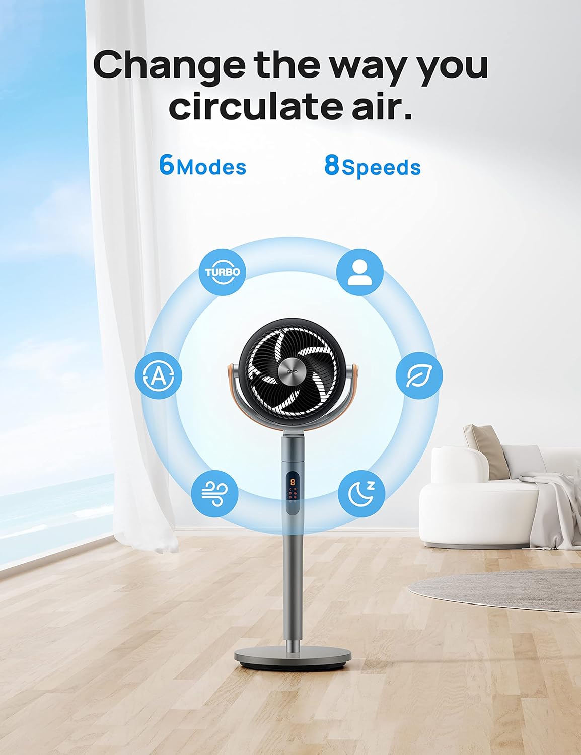 Fan for Bedroom, Standing Fan for Home, 120°+105° Smart Oscillating Pedestal Fans with Wi-Fi/Voice Control, 100Ft Quiet Circulator Fan, DC Motor, 6 Modes, 8 Speeds, 37-43'' Adjustable Height