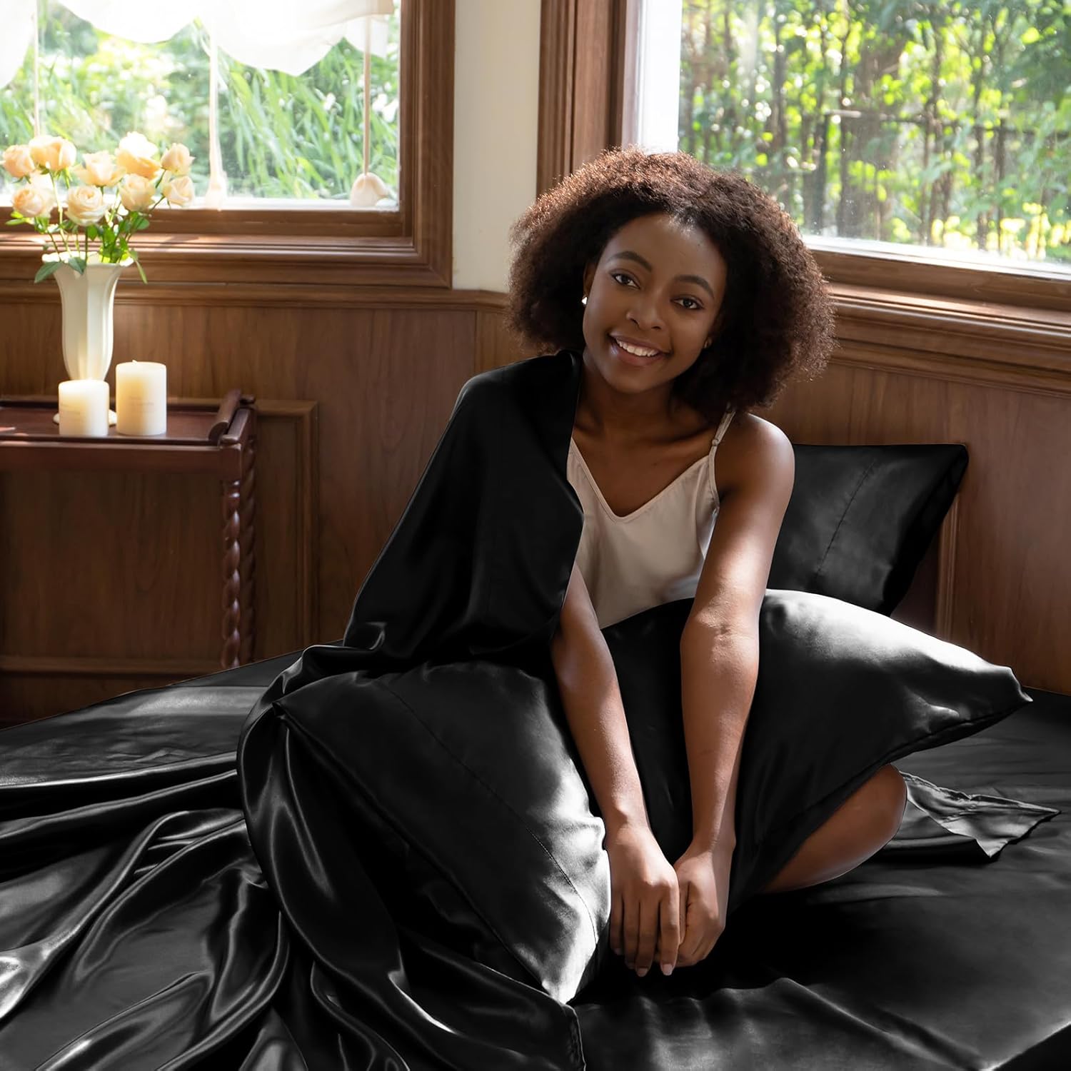 Satin Sheets Queen Size - 4 Piece Black Bed Sheet Set with Silky Microfiber, 1 Deep Pocket Fitted Sheet, 1 Flat Sheet, and 2 Pillowcases - Smooth and Soft