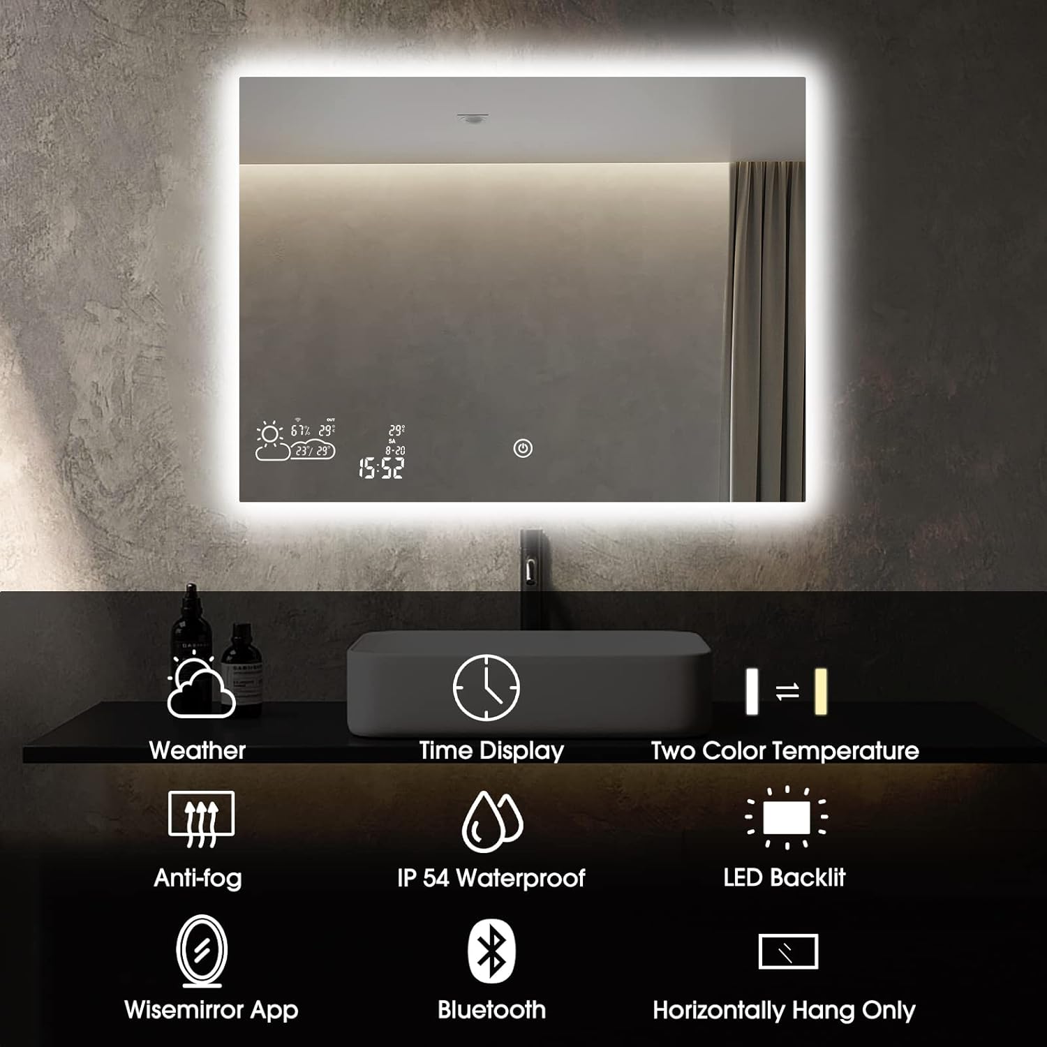 Smart Bathroom Mirror with Bluetooth Wi-Fi Enabled Weather Display, 32”X 24” Fog Free, LED Light Vanity Mirror Backlit Frameless Lighted Touch Sensor Makeup for Wall - Horizontally Hang Only