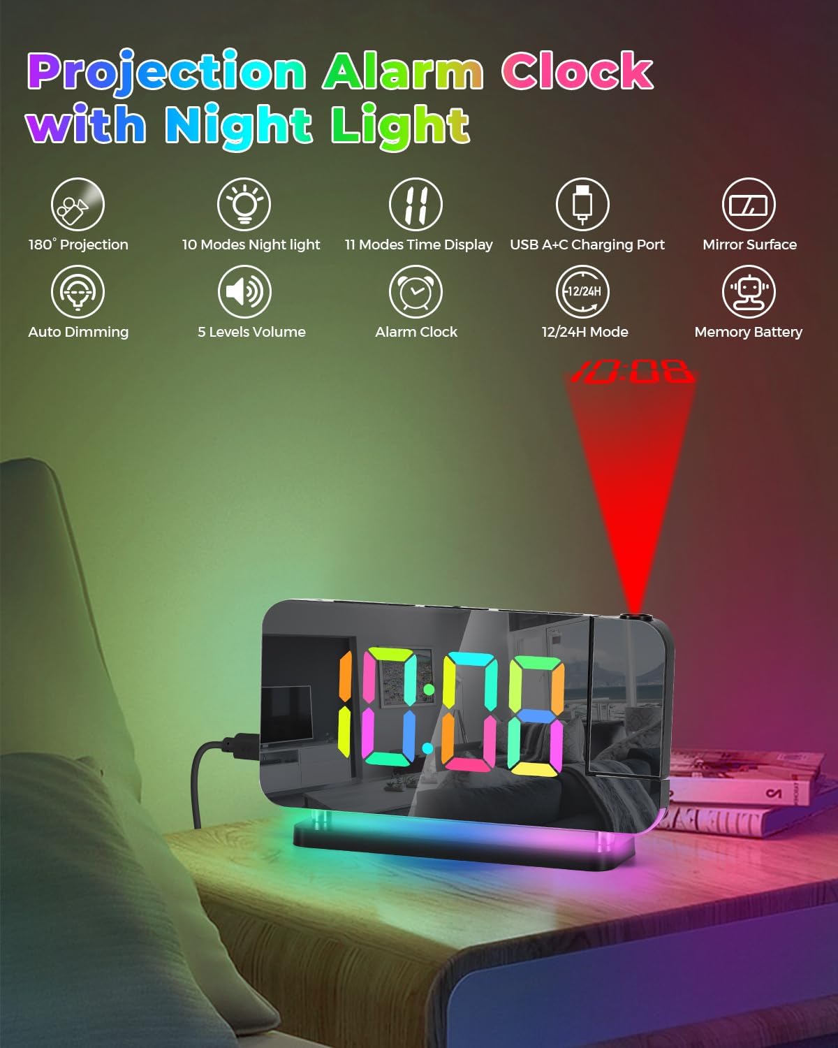  SZELAM Projection Alarm Clock – 180° Rotatable Projector, RGB Night Light, USB-C Charger, Auto-Dim LED Mirror Clock with Large 7.4" Display for Bedroom – Sleek Black