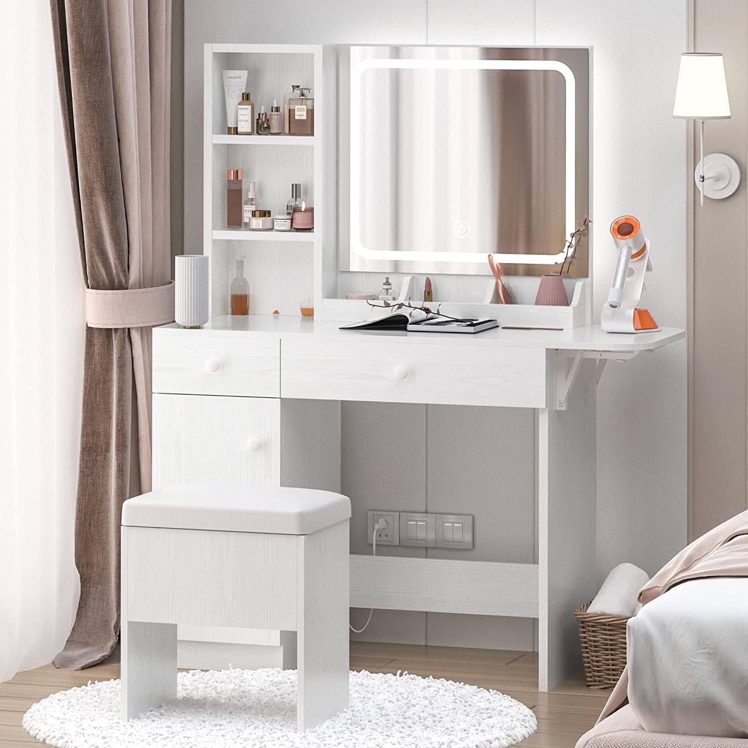 Luxury IRONCK Vanity Desk with LED Lighted Mirror, Power Outlet, Storage Stool, & Spacious Drawers - Perfect Makeup Table for Bedroom