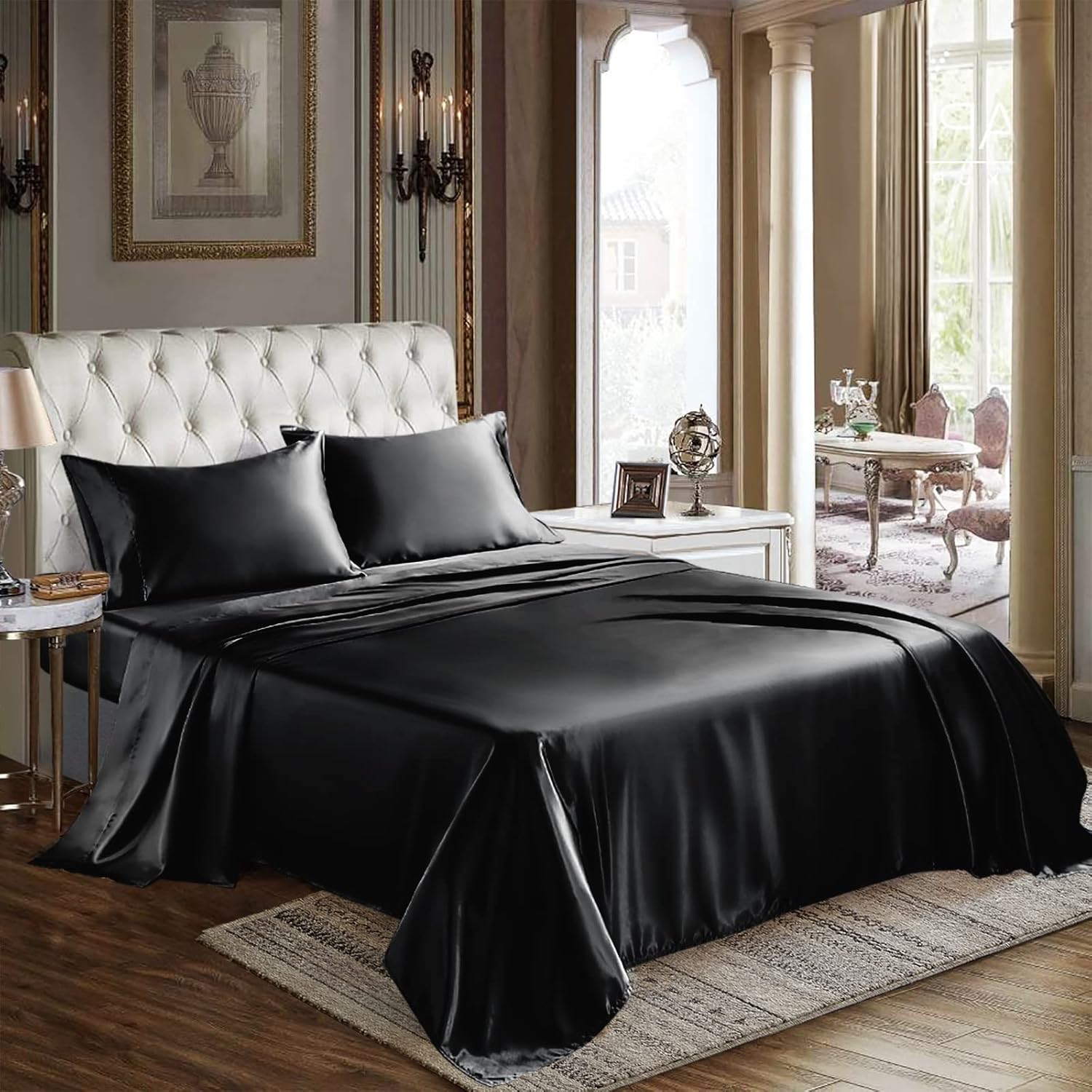 Satin Sheets Queen Size - 4 Piece Black Bed Sheet Set with Silky Microfiber, 1 Deep Pocket Fitted Sheet, 1 Flat Sheet, and 2 Pillowcases - Smooth and Soft