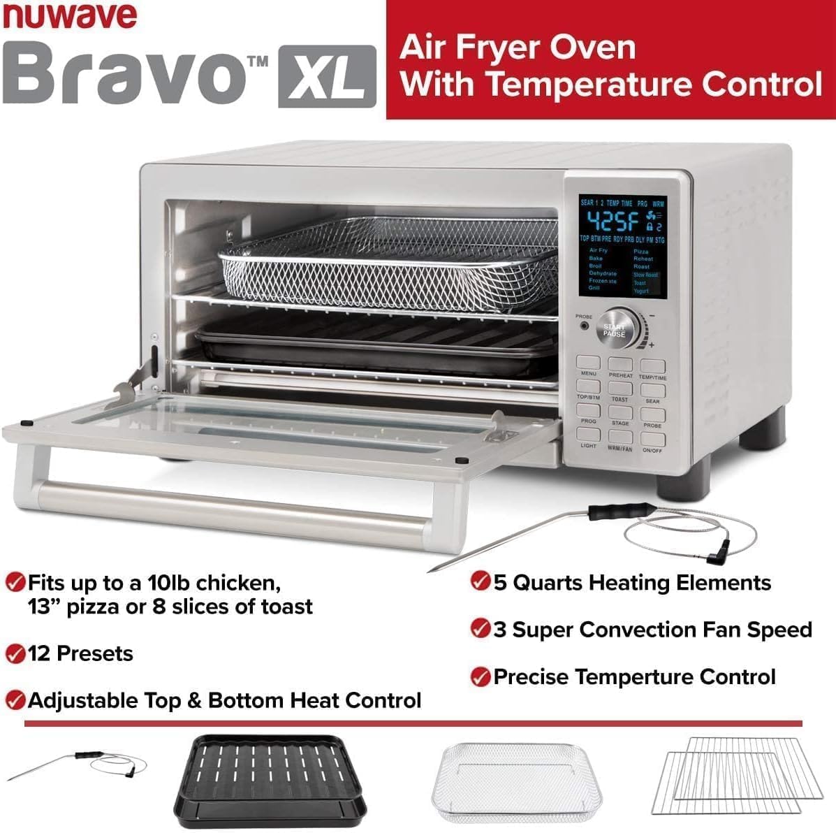 NuWave Bravo XL Smart Air Fryer Toaster Oven | 12-in-1 Convection Oven with 30-Quart Capacity | Precision Temperature Control (50°-500°F) | Stainless Steel | Perfect for Healthier, Faster Cooking