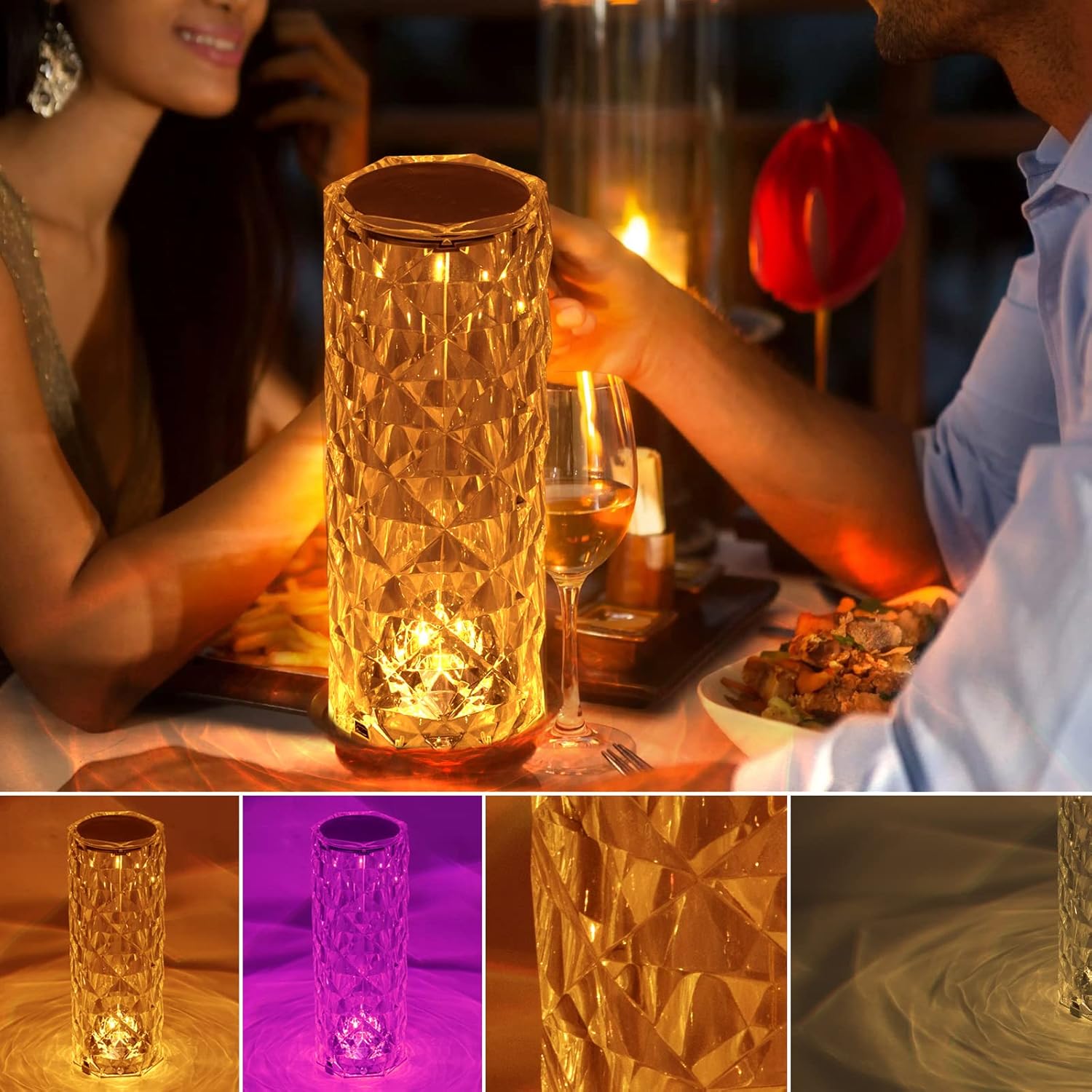 Crystal Table Lamp RGB Color Changing Night Lights (2 Pack) Crystal Rose Diamond Touch Lamp for Bedroom Living Room Decor (Remote & Touch Control)