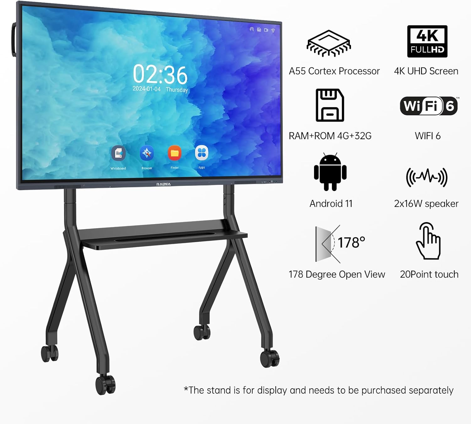 Smart Board 55" Interactive Whiteboard 4K Touchscreen, Digital Smart Boards Electronic Smart Whiteboard for Classroom Home Office Studio (Wall Mount Included)