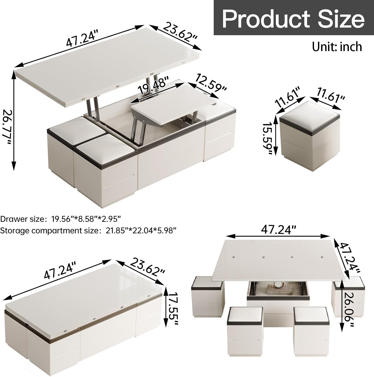 Extendable Folding Coffee Table with Hidden Storage | Modern Multifunctional Design for Living Room | Space-Saving, Convertible, Adjustable Height