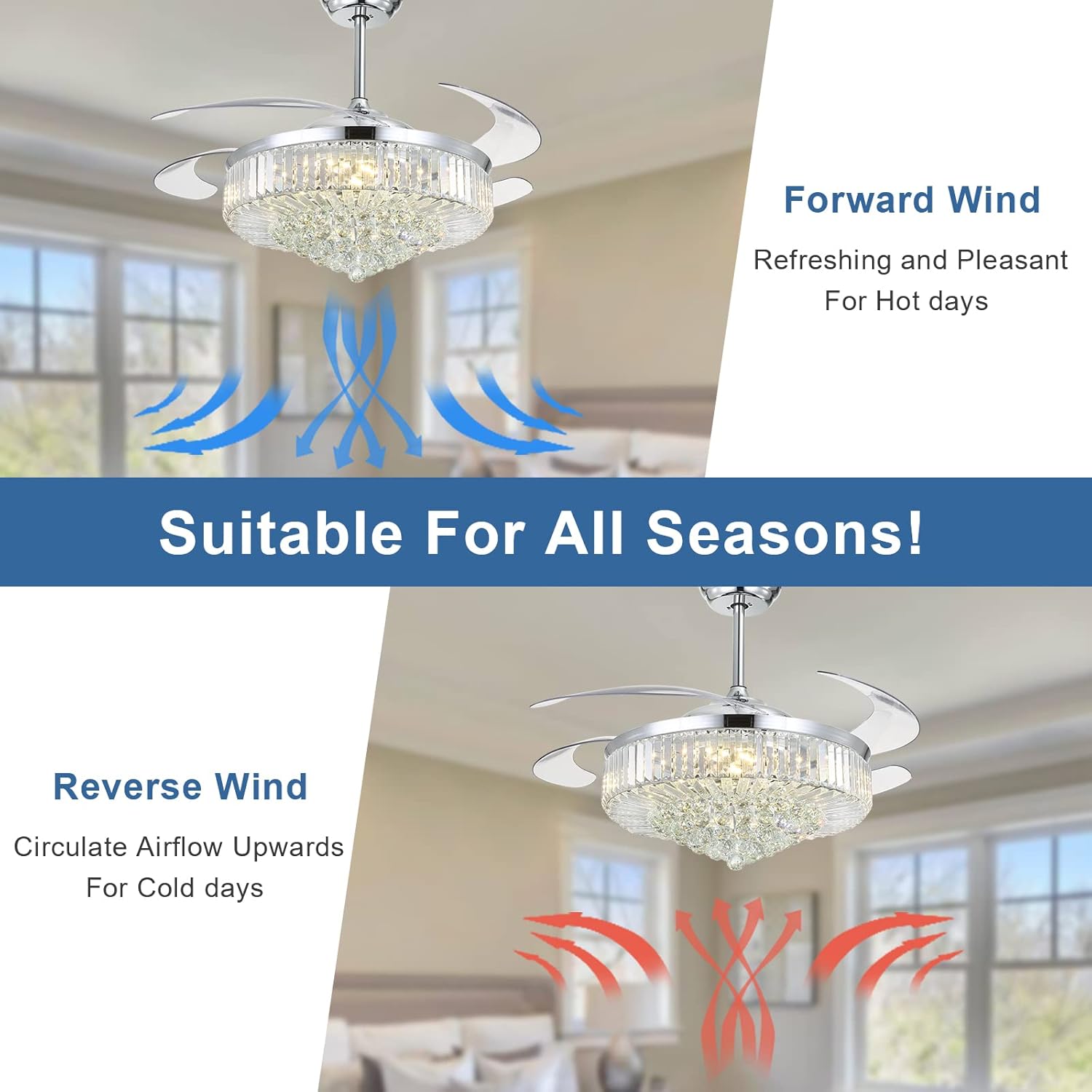 52 Inches Moooni Fandelier Retractable Invisible Ceiling Fan Chandelier | Luxury Crystal LED Light with Remote Control | Elegant & Space-Saving Lighting Solution