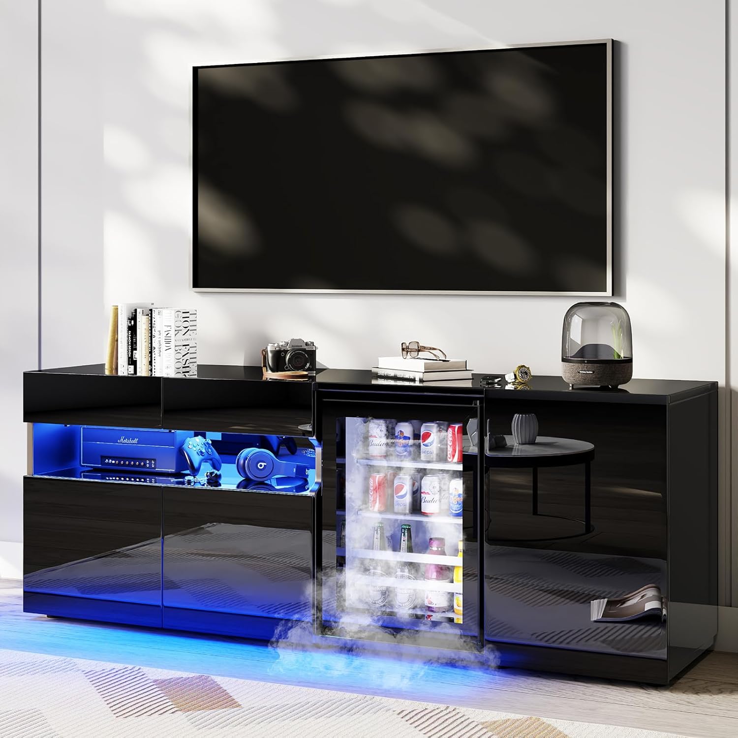 63" TV Stand with Mini Fridge & LED Light, Modern Two-In-One Entertainment Center with 2 Storage Drawers, Glossy Media Console for Living Room, TV Cabinet for Tvs up to 70", Black