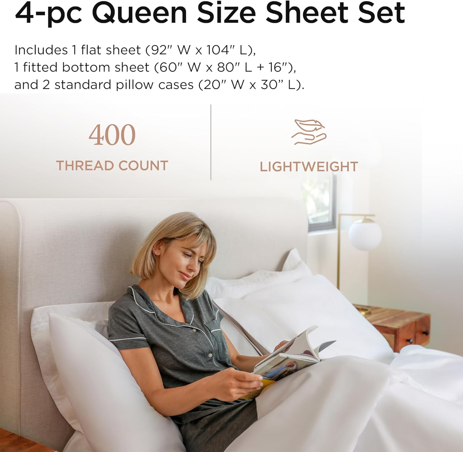 Egyptian Cotton Queen Sheet Set | 100% Certified Egyptian Cotton Sheets for Queen Size Bed | Queen Bed Sheets Set with Snug Fit 16" Deep Pocket | Soft Cooling Sateen Bedding Set | White
