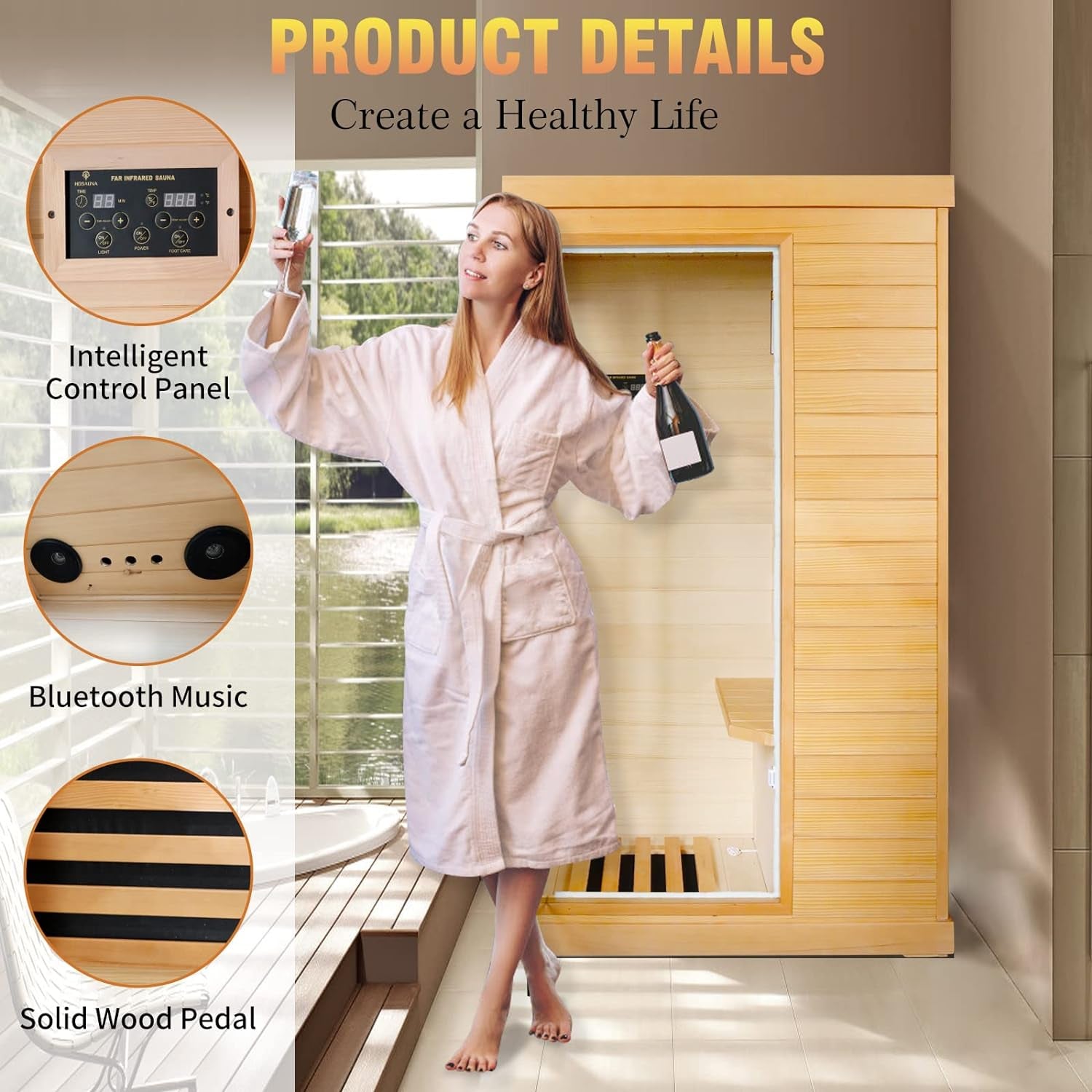 Far Infrared Sauna Home Sauna Spa Room Canadian Hemlock Wood 800W Indoor Saunas with Control Panel and Tempered Glass Door, Room:35.2 * 27.6 * 61.6Inch