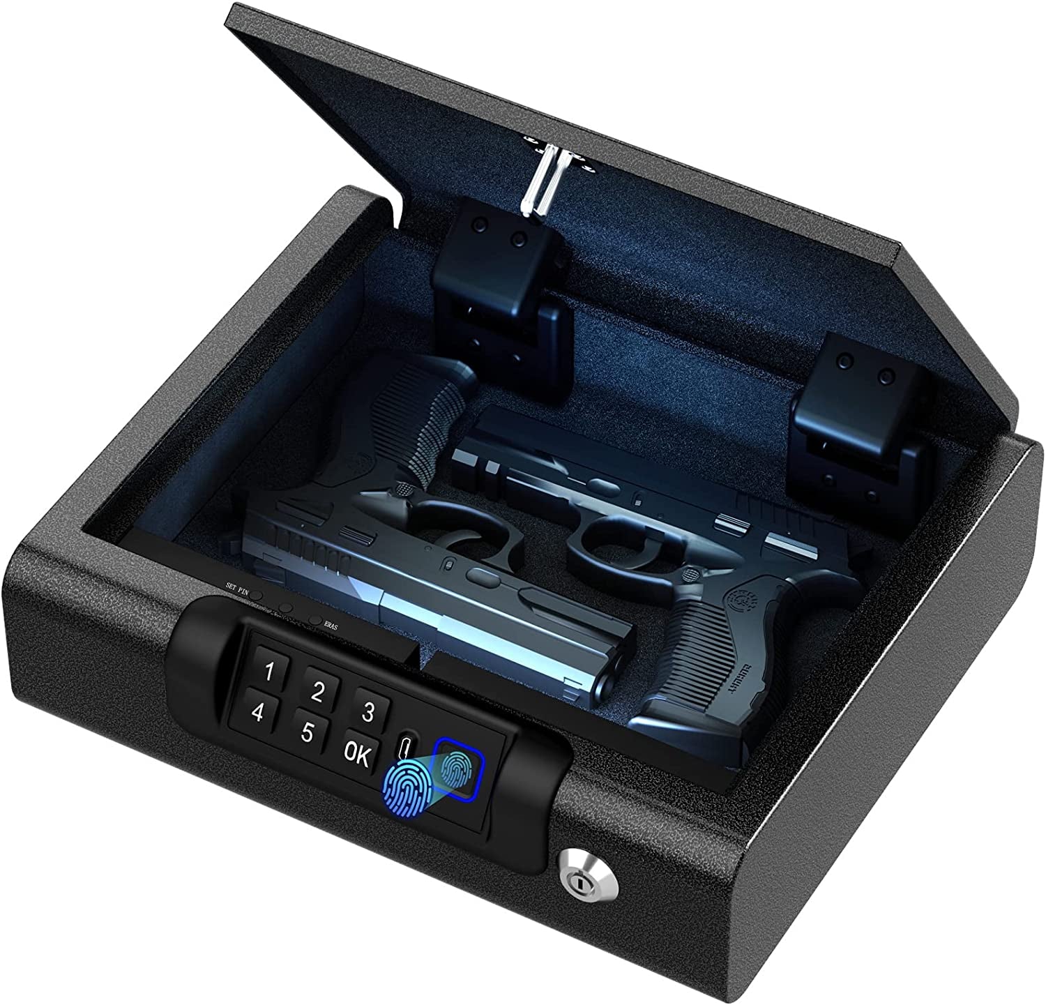 Biometric Gun Safe for Pistols 3-Ways Unlock Fingerprint Digital PIN Key Unlock Handgun Safe with Sound, Lock Box for Cloakroom Living Room Bedroom Nightstand and Car