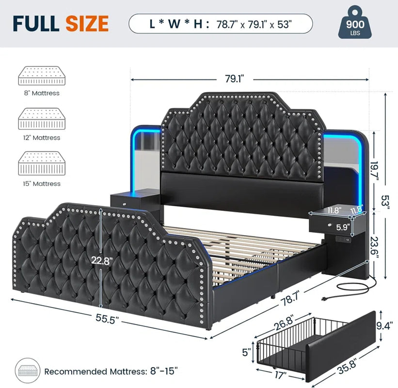 Karlton Bed with 4 Storage Drawers，Led Tall Platform Bed Frame